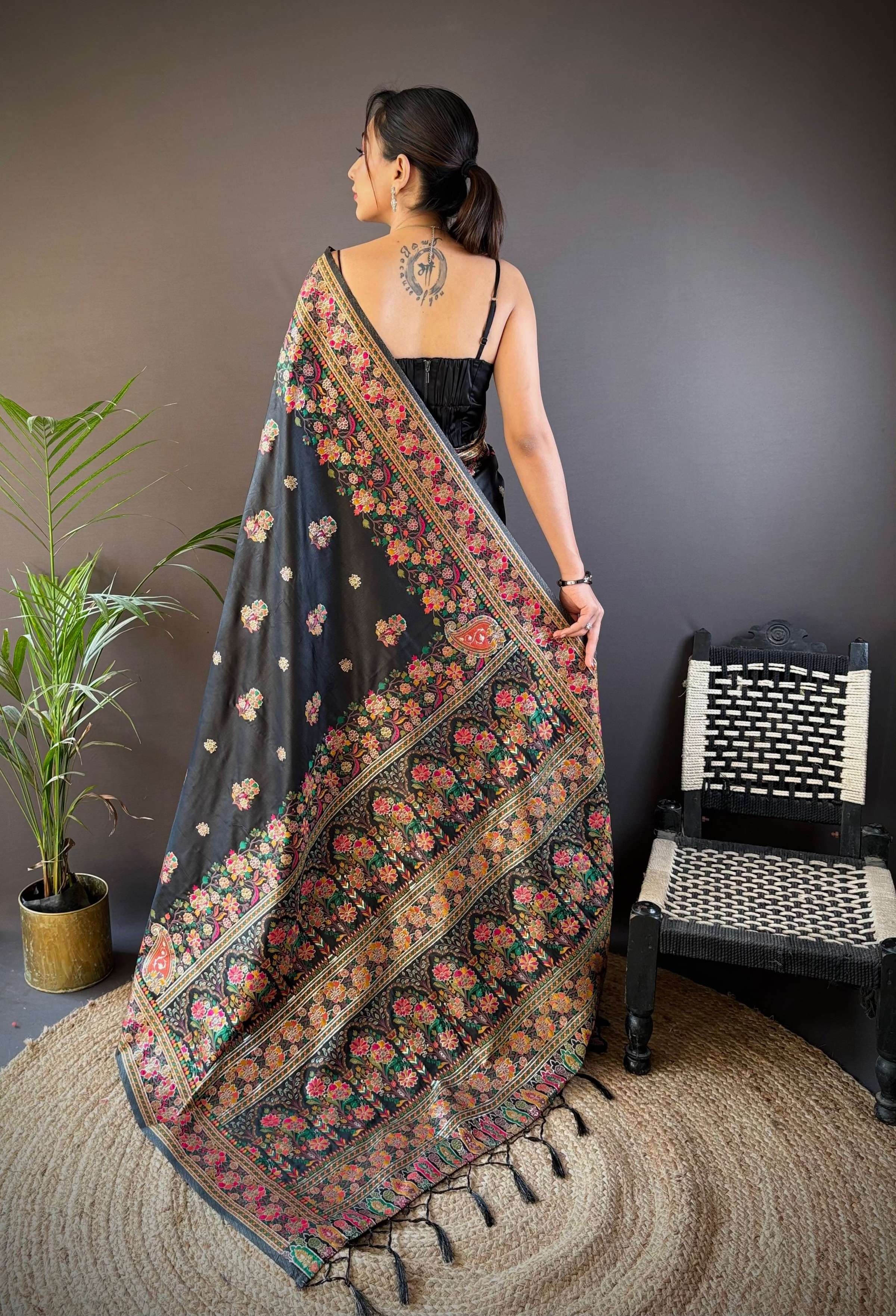Sonakshi Women's Black Pashmina Silk Zari Woven Traditional Saree with Blouse - Distacart
