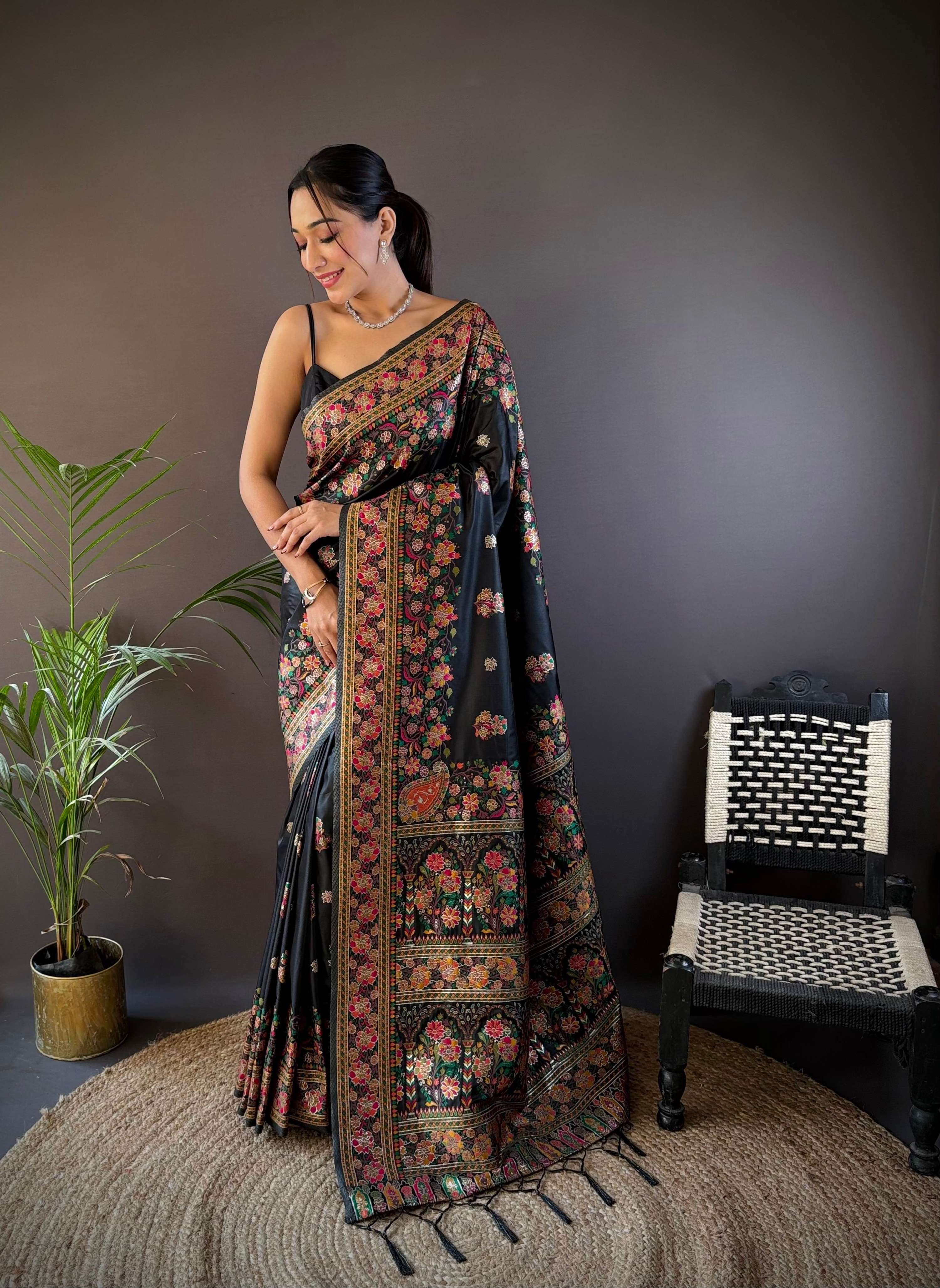 Sonakshi Women's Black Pashmina Silk Zari Woven Traditional Saree with Blouse - Distacart
