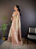 Sonakshi Women's Off White Pashmina Silk Zari Woven Traditional Saree with Blouse - Distacart
