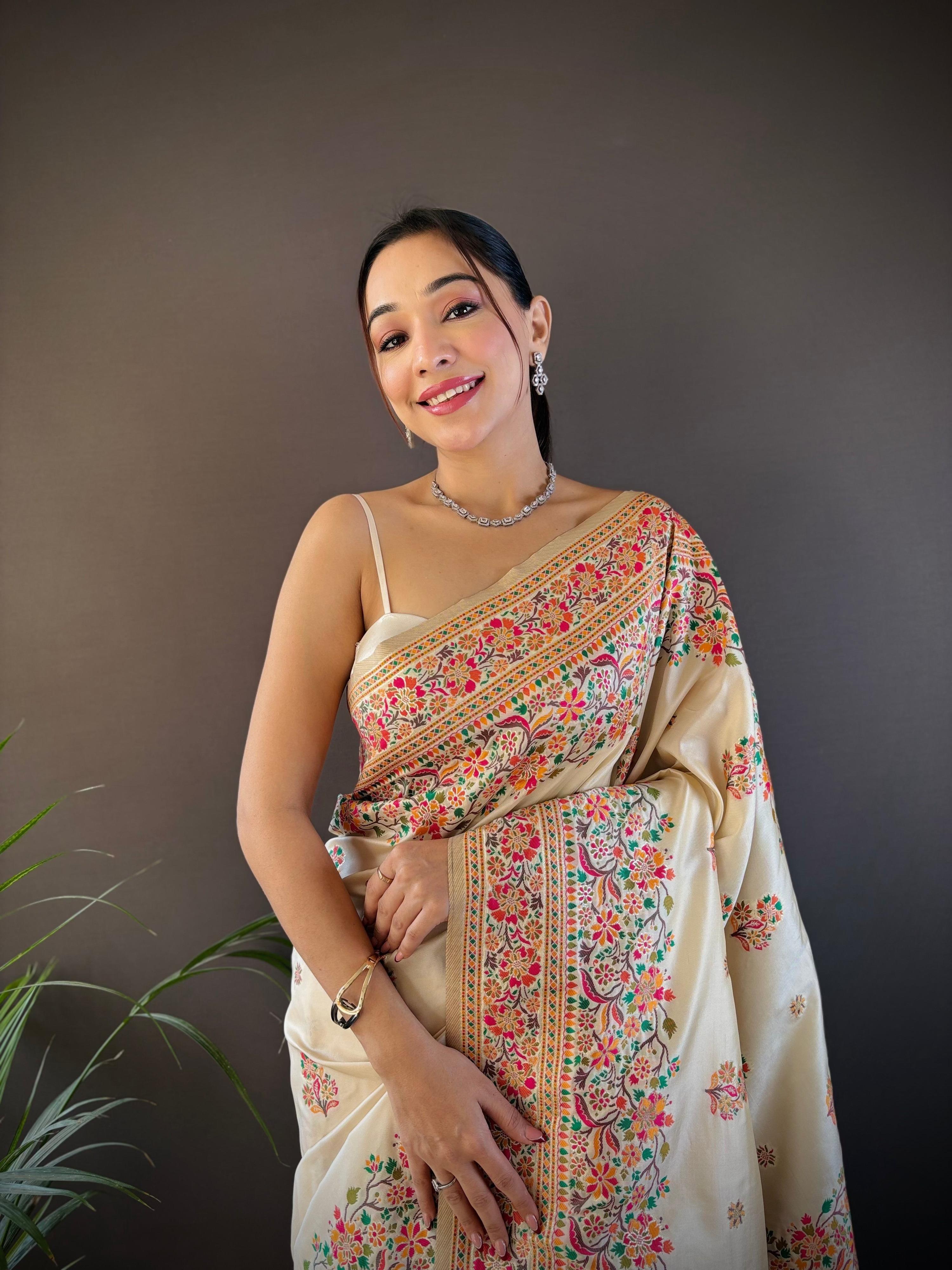 Sonakshi Women's Off White Pashmina Silk Zari Woven Traditional Saree with Blouse - Distacart