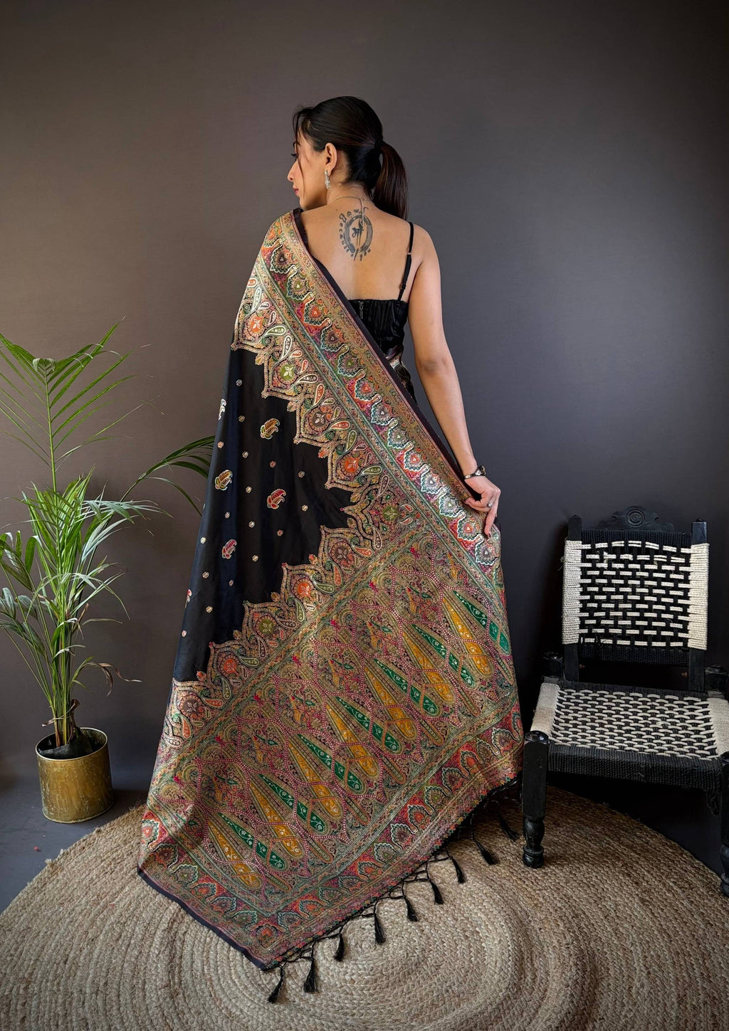 Sonakshi Women's Black Pashmina Silk Zari Woven Traditional Saree with Blouse - Distacart