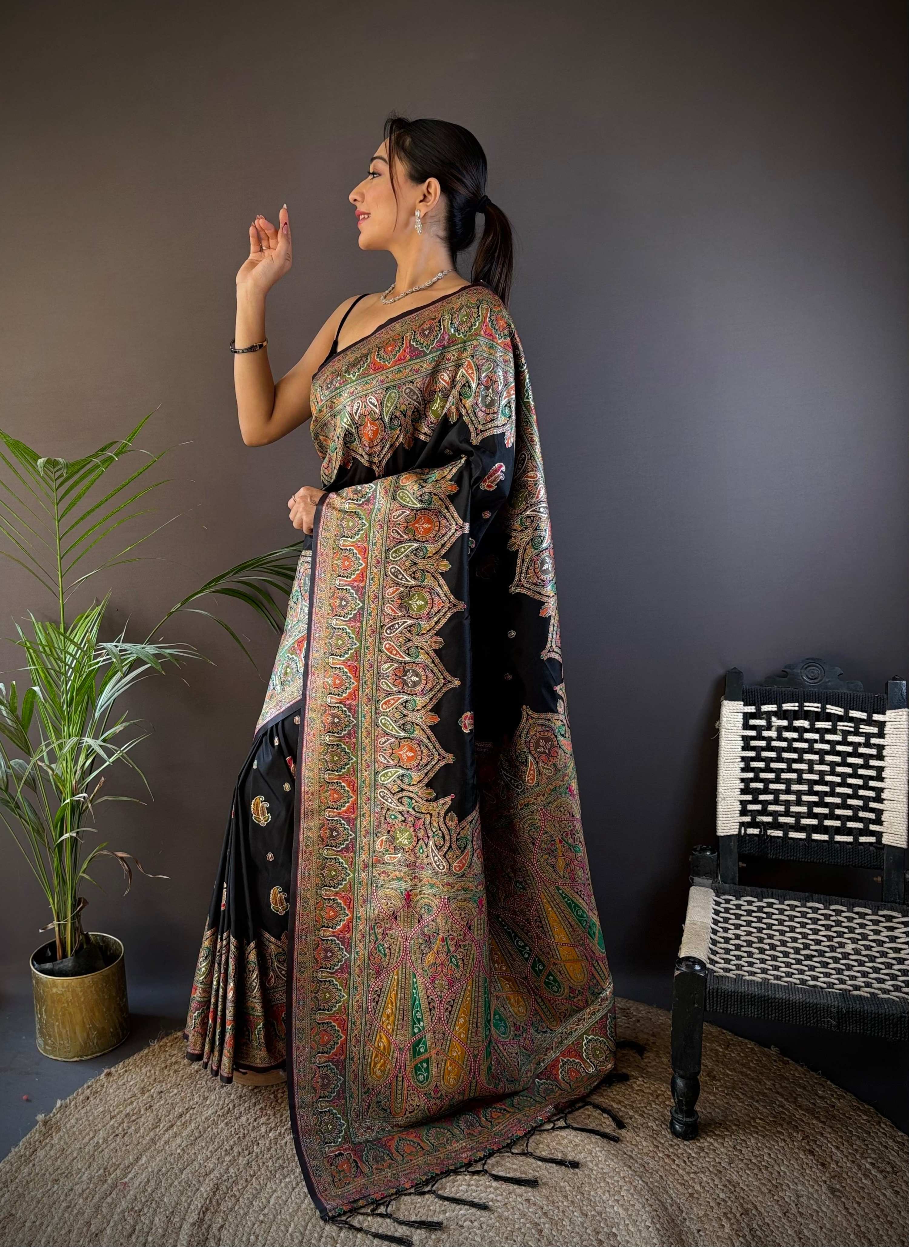 Sonakshi Women's Black Pashmina Silk Zari Woven Traditional Saree with Blouse - Distacart