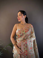 Sonakshi Women's Off White Pashmina Silk Zari Woven Traditional Saree with Blouse - Distacart