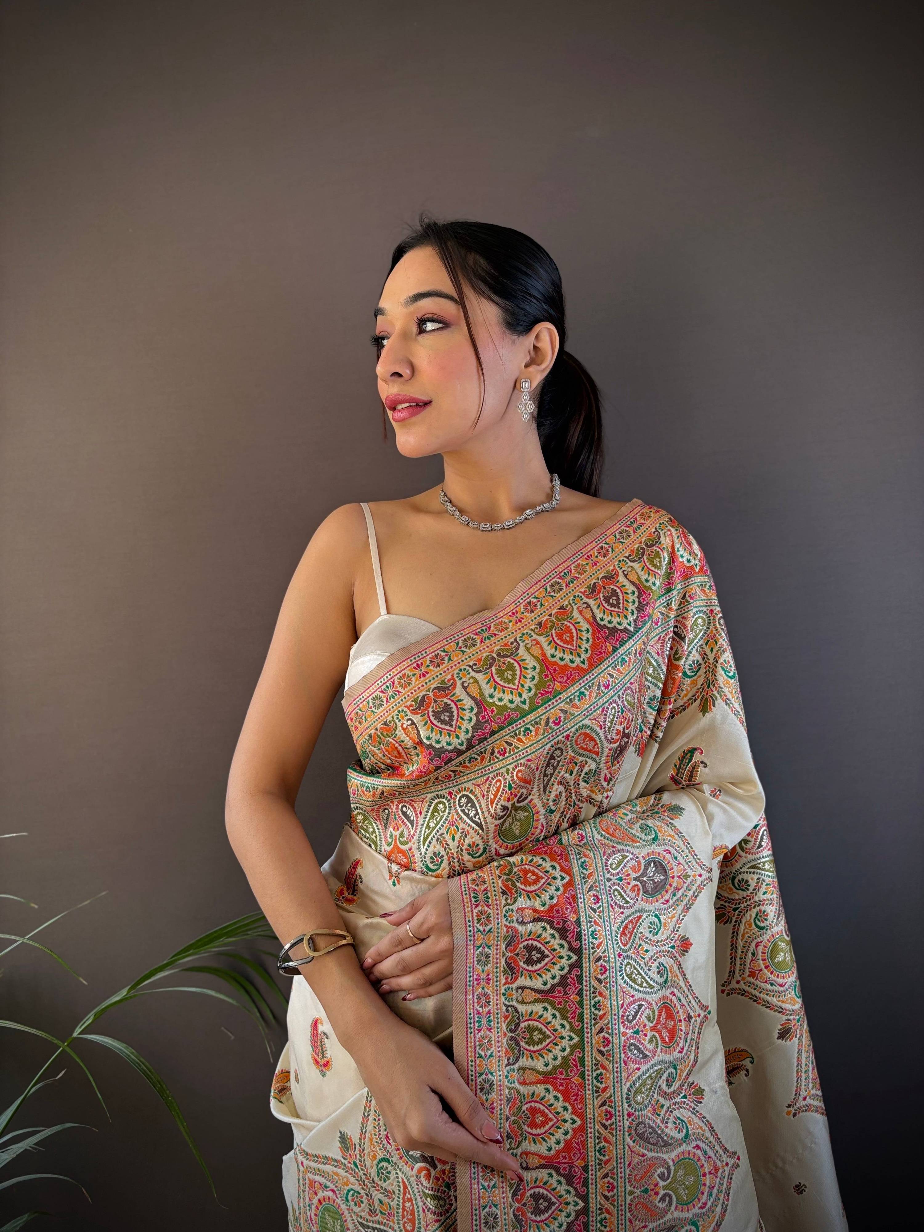 Sonakshi Women's Off White Pashmina Silk Zari Woven Traditional Saree with Blouse - Distacart