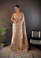 Sonakshi Women's Off White Pashmina Silk Zari Woven Traditional Saree with Blouse - Distacart