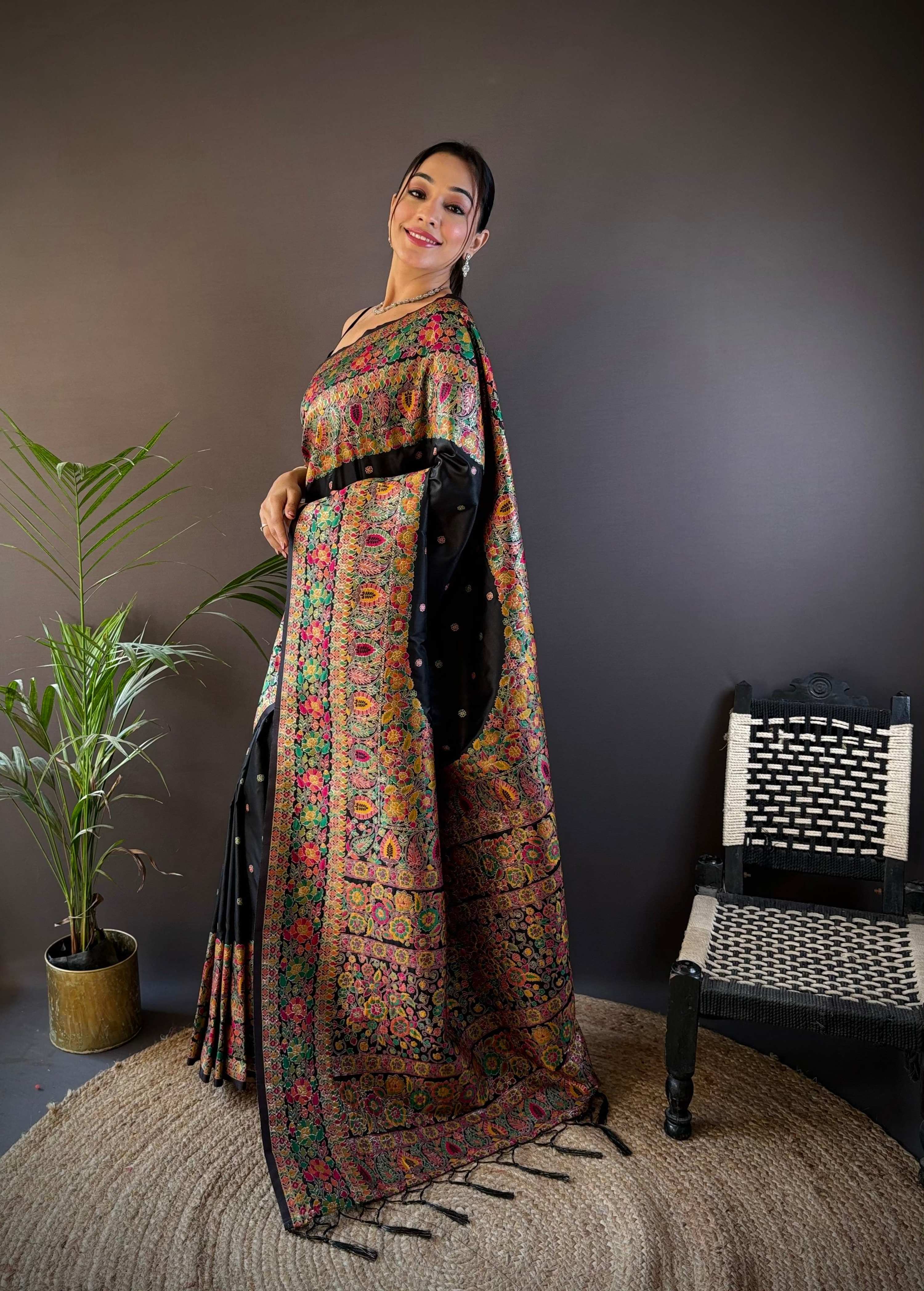 Sonakshi Women's Black Pashmina Silk Zari Woven Traditional Saree with Blouse - Distacart
