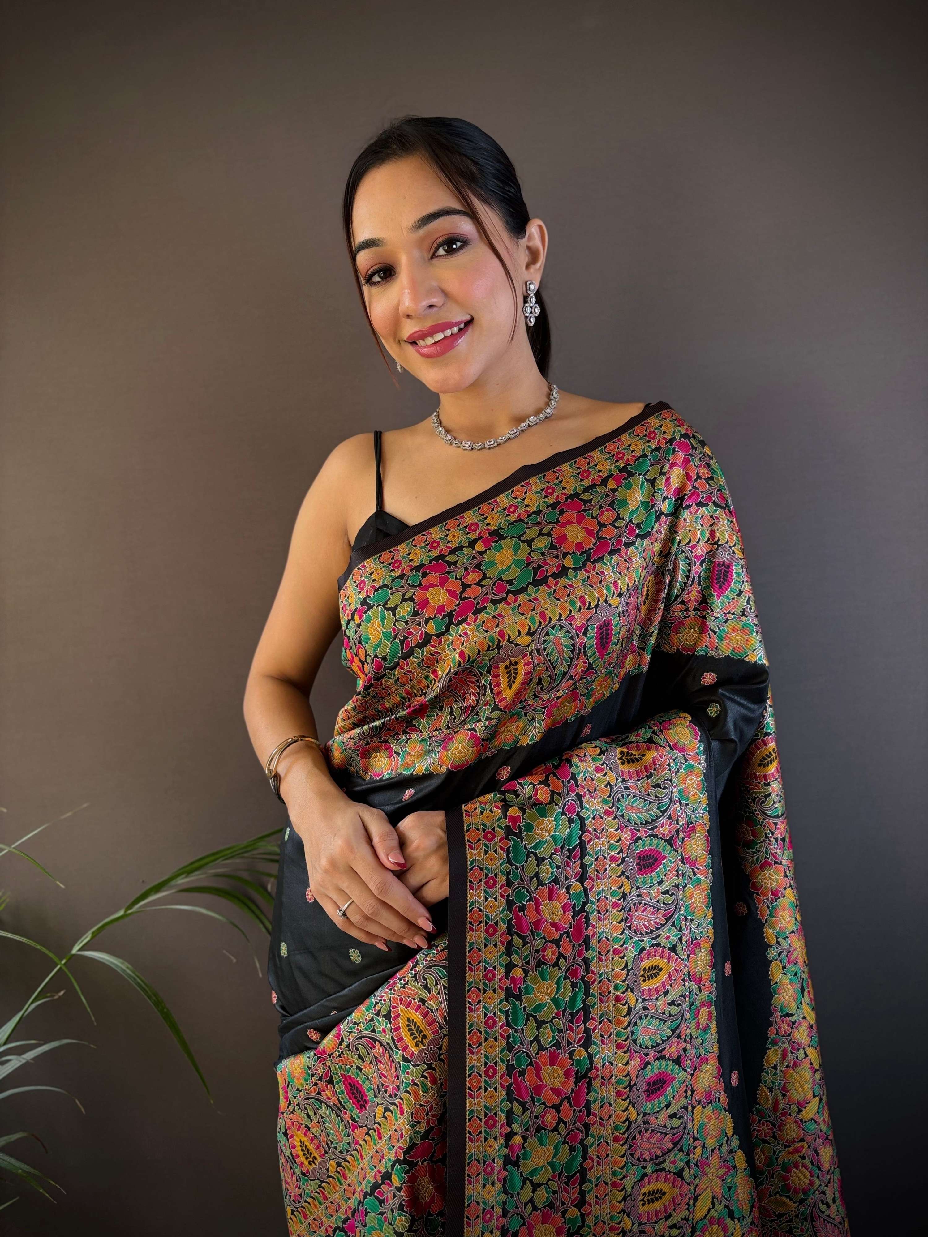 Sonakshi Women's Black Pashmina Silk Zari Woven Traditional Saree with Blouse - Distacart