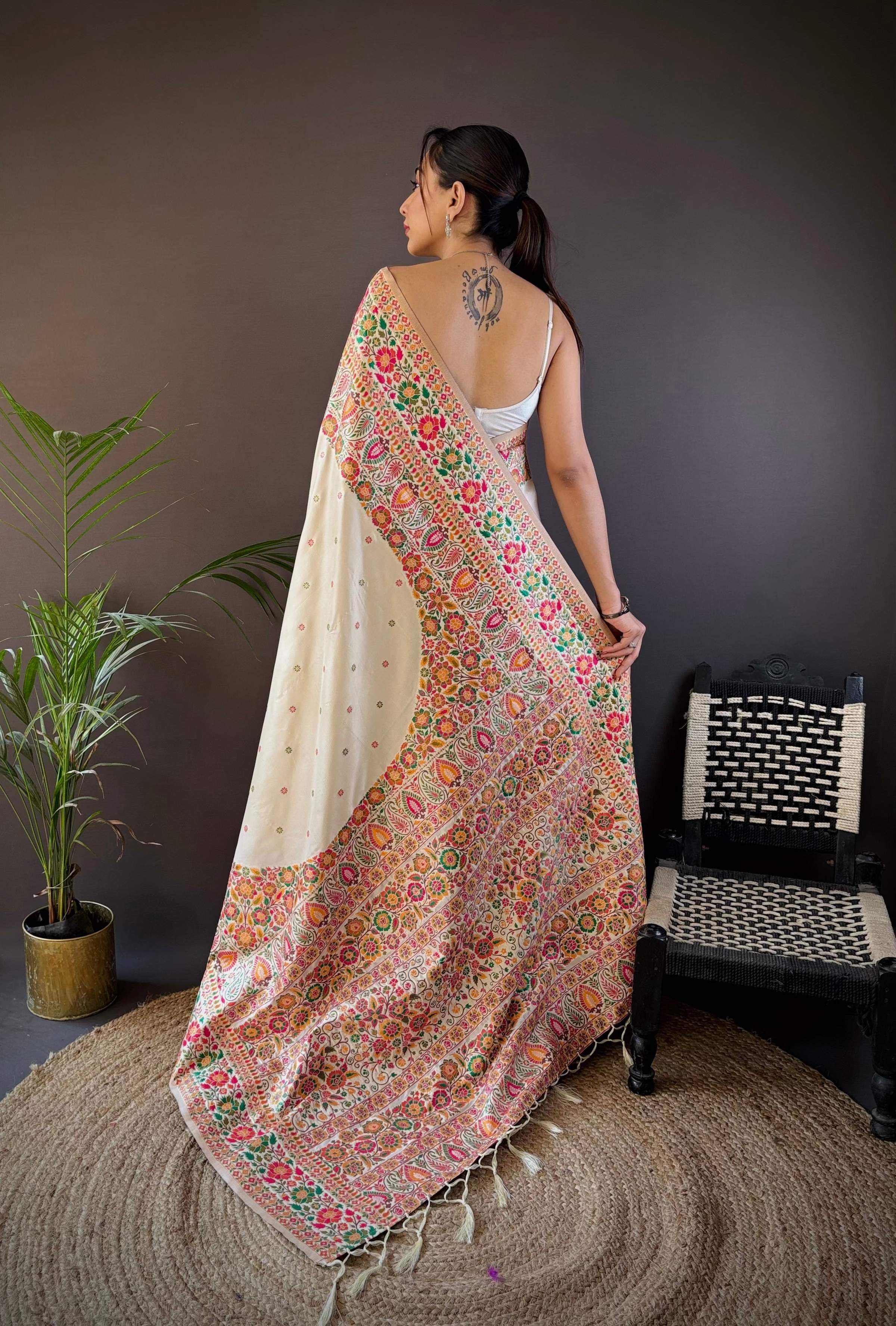 Sonakshi Women's Off White Pashmina Silk Zari Woven Traditional Saree with Blouse - Distacart