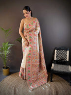 Sonakshi Women's Off White Pashmina Silk Zari Woven Traditional Saree with Blouse - Distacart