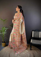 Sonakshi Women's Off White Pashmina Silk Zari Woven Traditional Saree with Blouse - Distacart