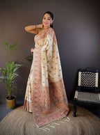 Sonakshi Women's Off White Pashmina Silk Zari Woven Traditional Saree with Blouse - Distacart