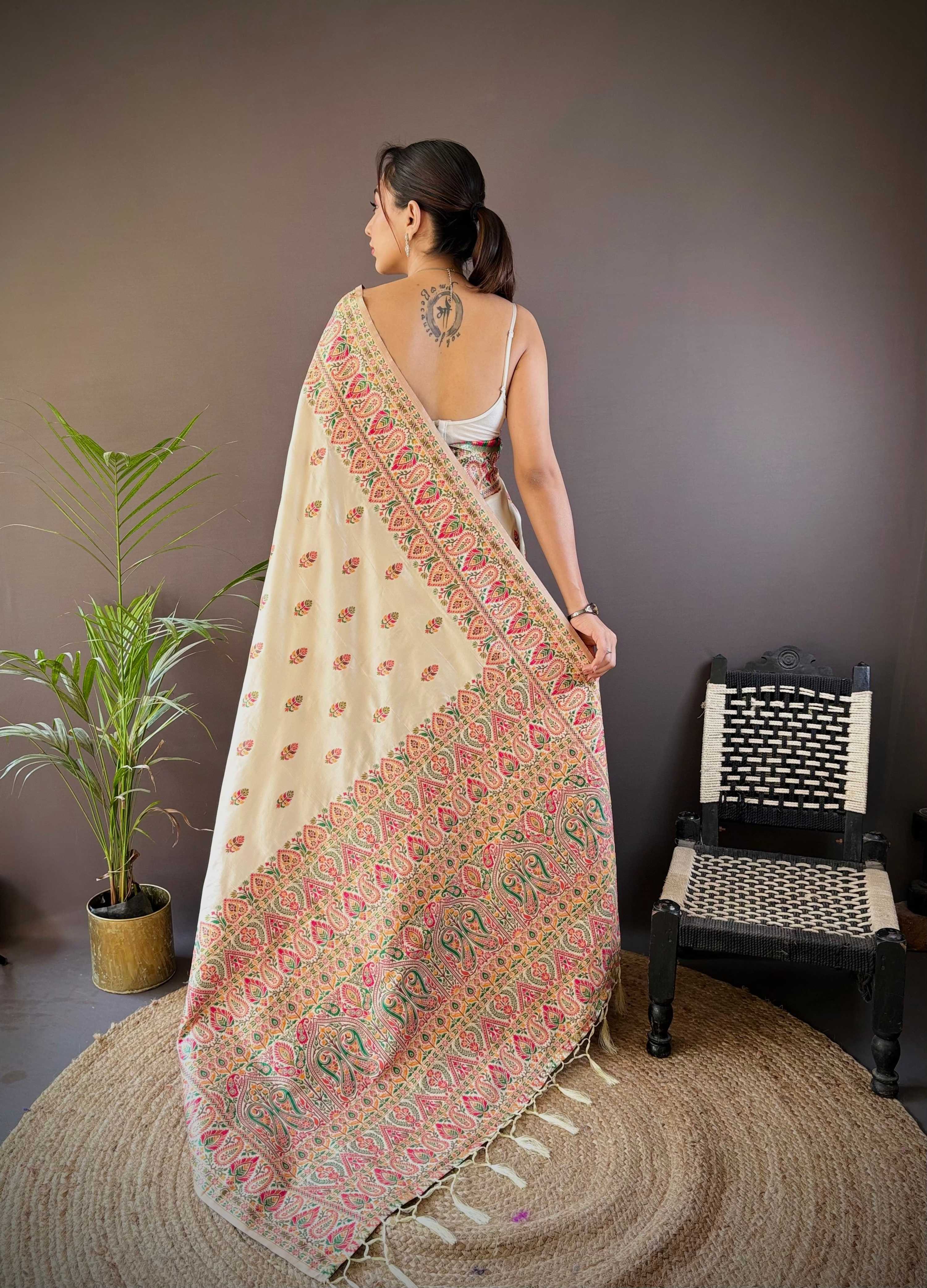Sonakshi Women's Off White Pashmina Silk Zari Woven Traditional Saree with Blouse - Distacart