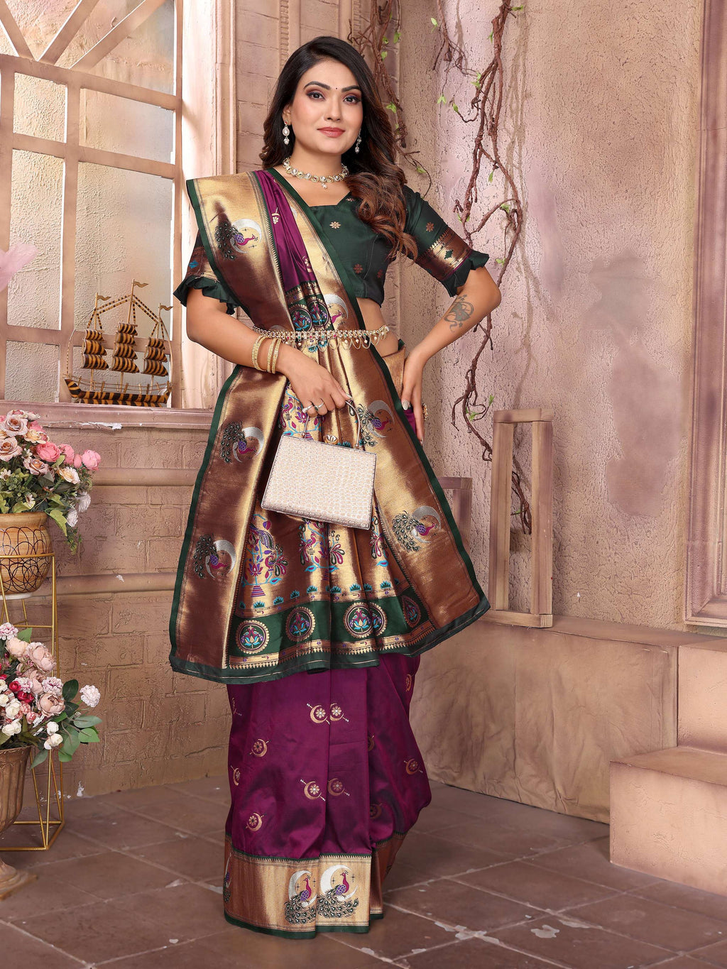 Sonakshi Women's Wine Paithani Silk Zari Woven Traditional Saree with Blouse - Distacart