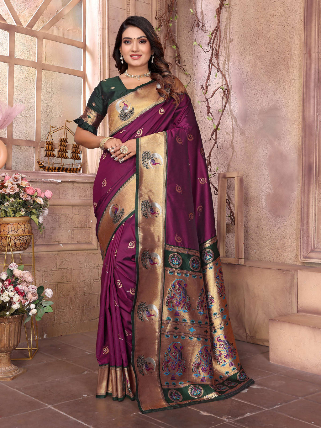 Sonakshi Women's Wine Paithani Silk Zari Woven Traditional Saree with Blouse - Distacart