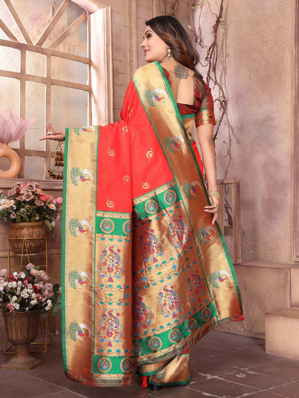 Sonakshi Women's Gajri Paithani Silk Zari Woven Traditional Saree with Blouse - Distacart