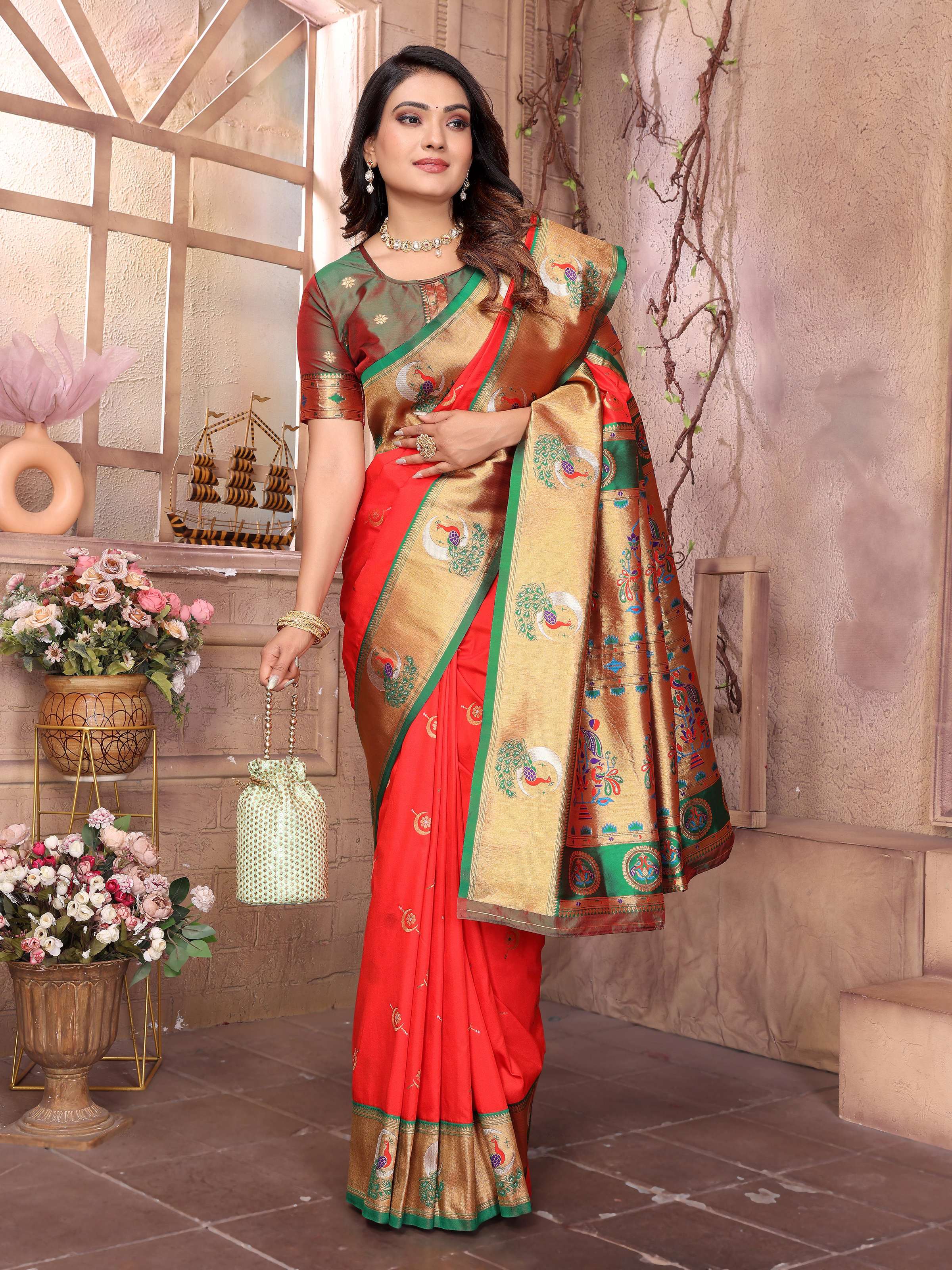Sonakshi Women's Gajri Paithani Silk Zari Woven Traditional Saree with Blouse - Distacart
