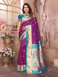Sonakshi Women's Purple Paithani Silk Zari Woven Traditional Saree with Blouse - Distacart