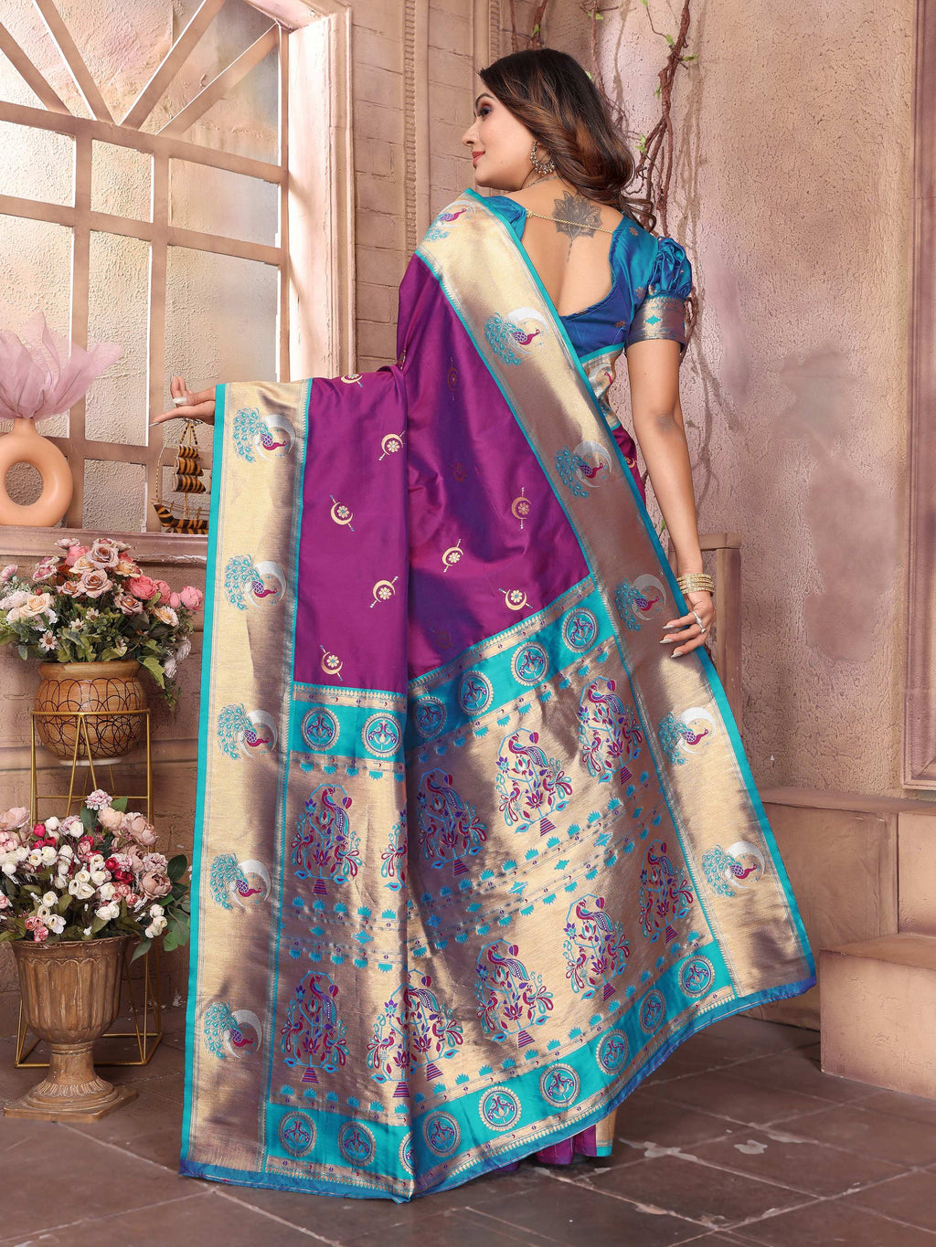 Sonakshi Women's Purple Paithani Silk Zari Woven Traditional Saree with Blouse - Distacart