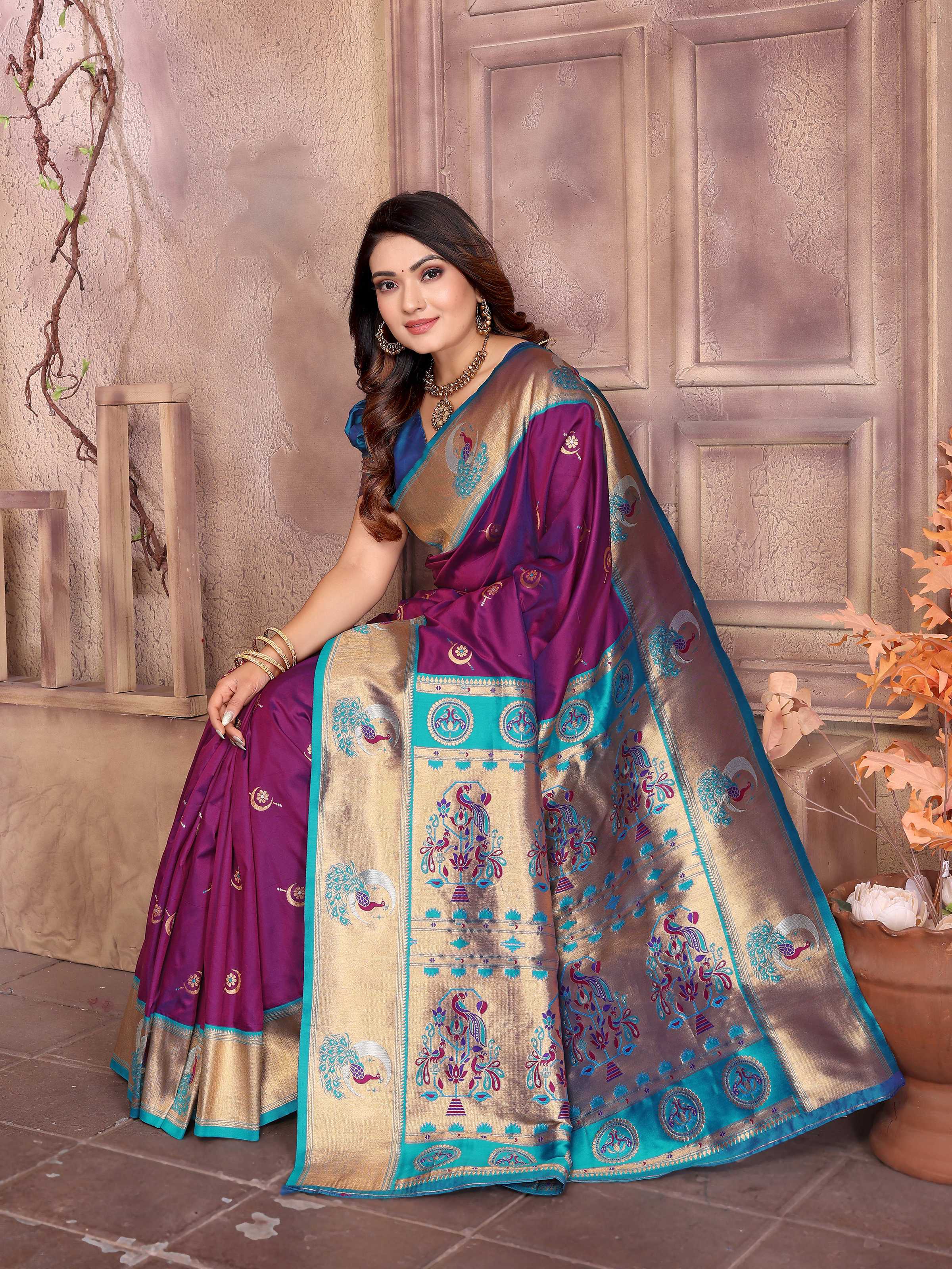 Sonakshi Women's Purple Paithani Silk Zari Woven Traditional Saree with Blouse - Distacart