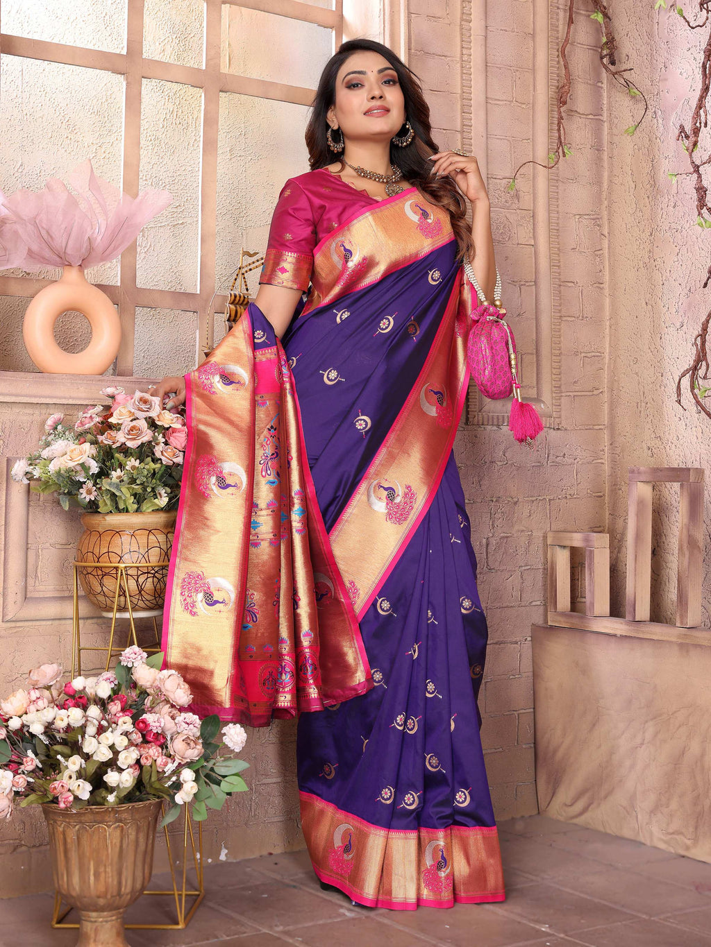 Sonakshi Women's Blue Paithani Silk Zari Woven Traditional Saree with Blouse - Distacart