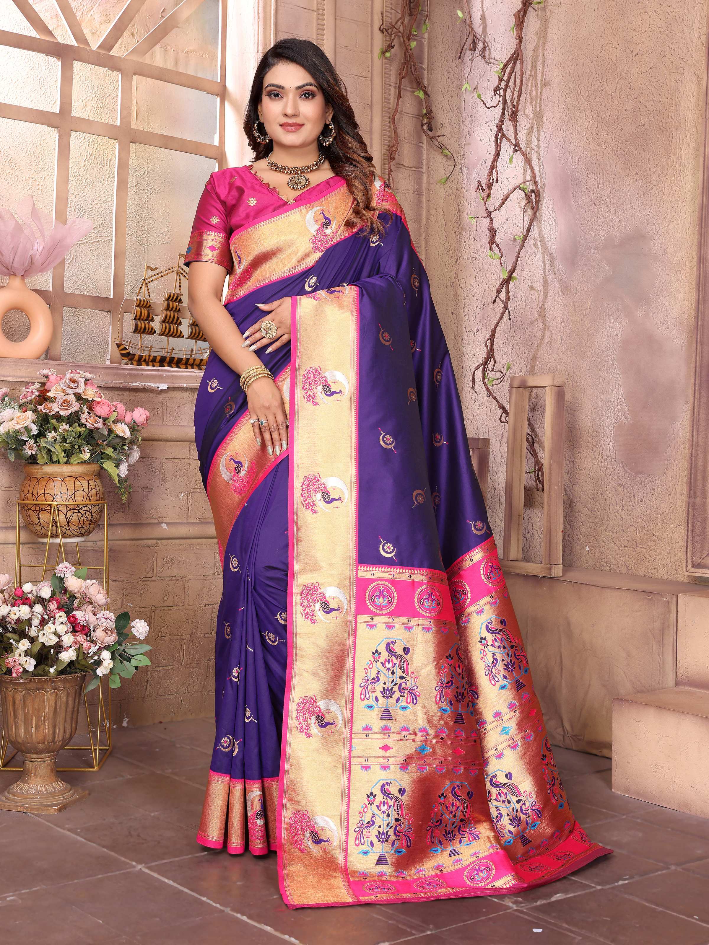Sonakshi Women's Blue Paithani Silk Zari Woven Traditional Saree with Blouse - Distacart