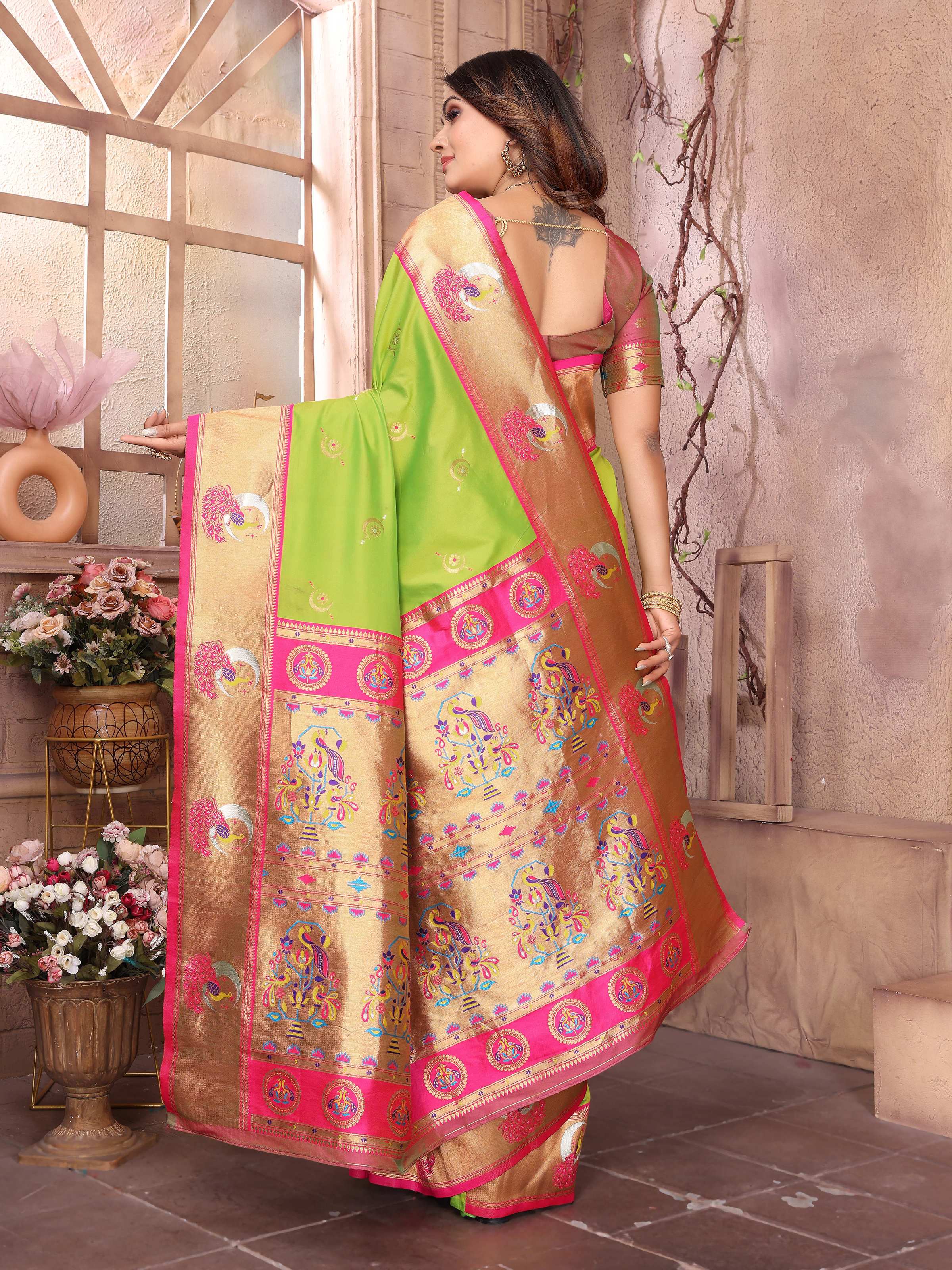 Sonakshi Women's Pista Green Paithani Silk Zari Woven Traditional Saree with Blouse - Distacart