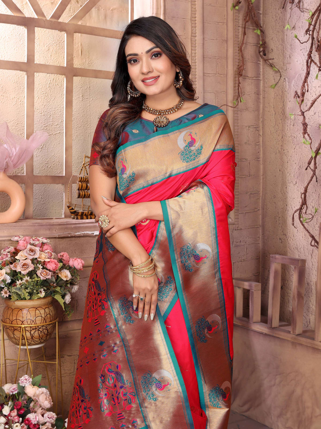 Sonakshi Women's Catonic Gajri Paithani Silk Zari Woven Traditional Saree with Blouse - Distacart