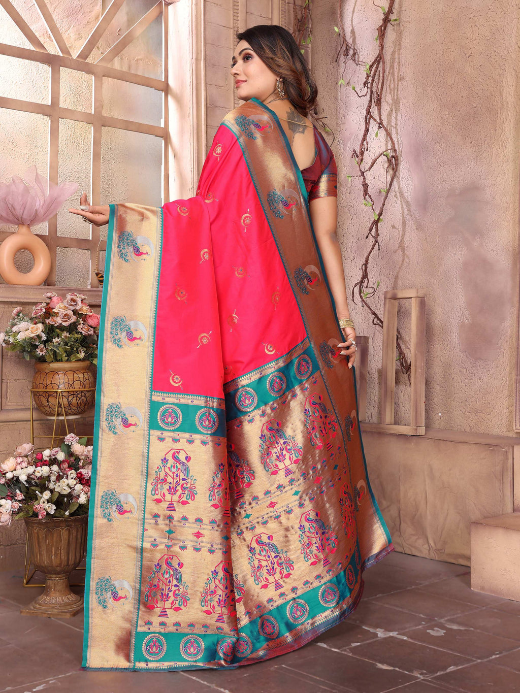 Sonakshi Women's Catonic Gajri Paithani Silk Zari Woven Traditional Saree with Blouse - Distacart