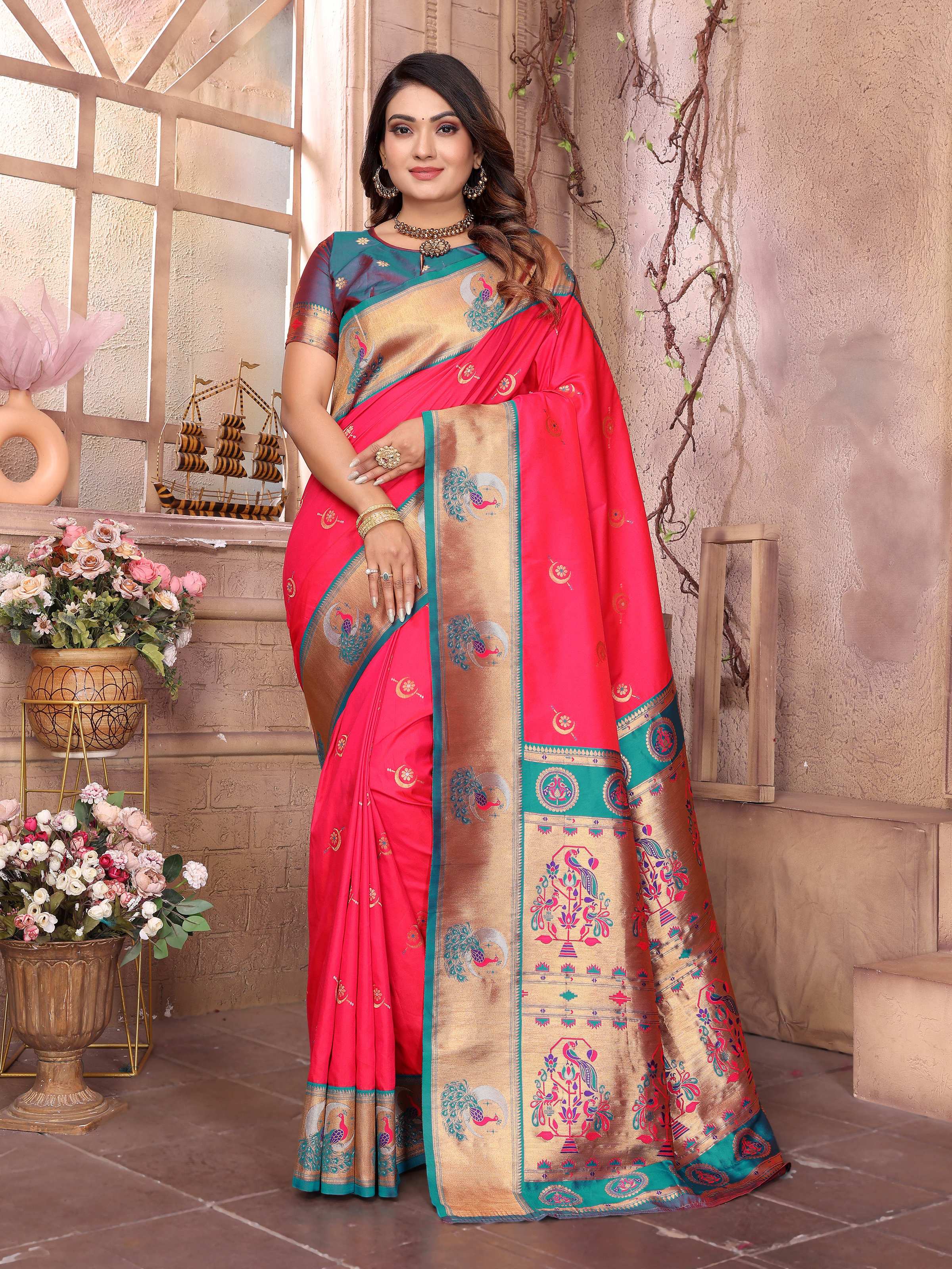 Sonakshi Women's Catonic Gajri Paithani Silk Zari Woven Traditional Saree with Blouse - Distacart