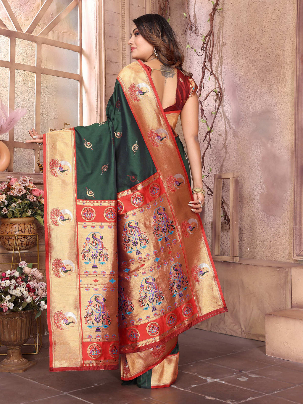 Sonakshi Women's Bottle Green Paithani Silk Zari Woven Traditional Saree with Blouse - Distacart