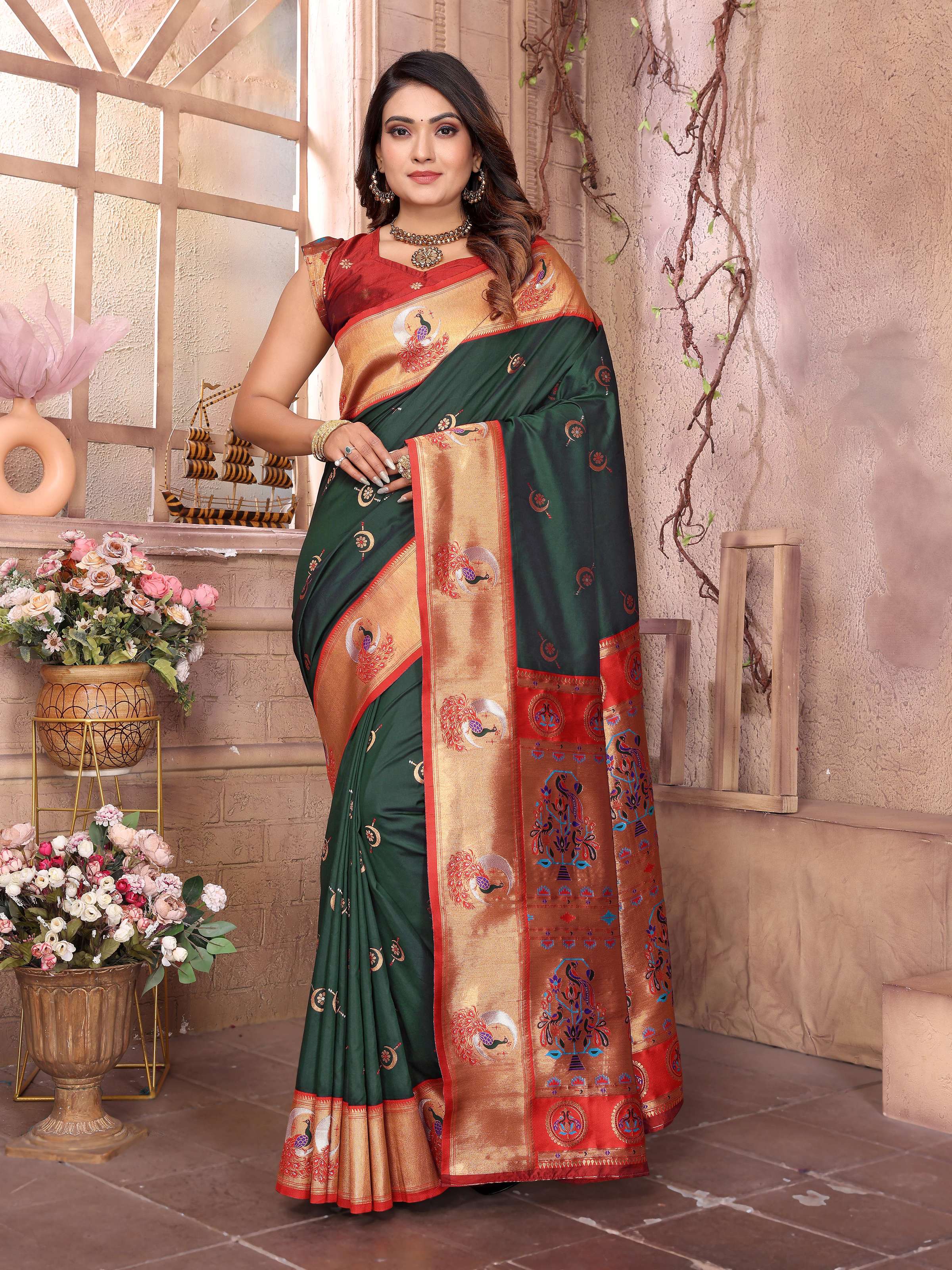 Sonakshi Women's Bottle Green Paithani Silk Zari Woven Traditional Saree with Blouse - Distacart