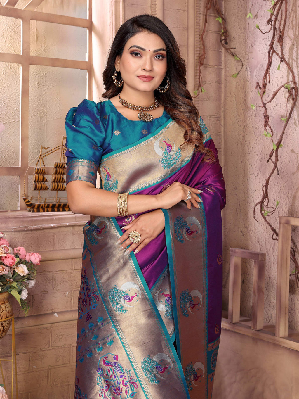 Sonakshi Women's Jamli Paithani Silk Zari Woven Traditional Saree with Blouse - Distacart