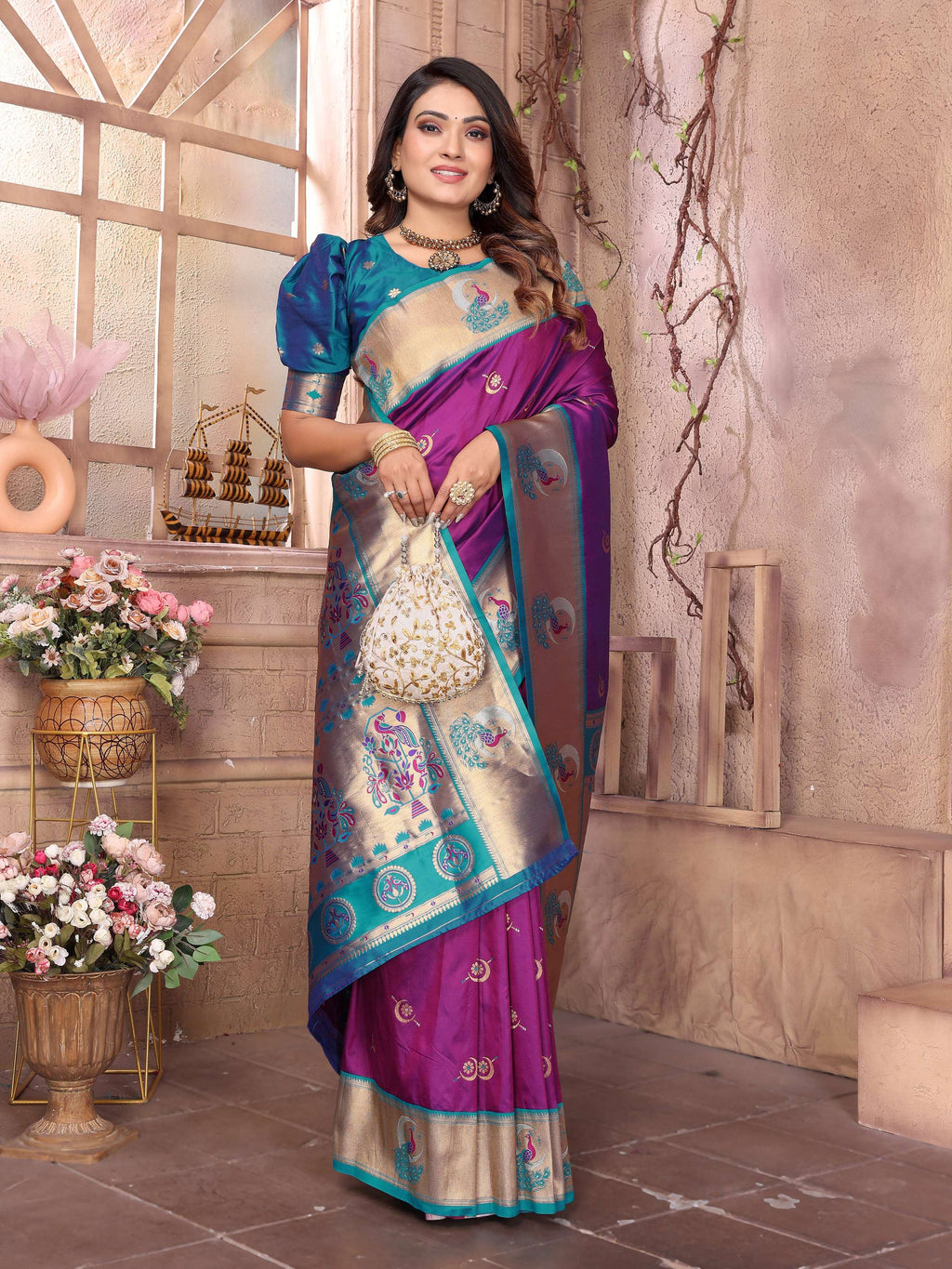 Sonakshi Women's Jamli Paithani Silk Zari Woven Traditional Saree with Blouse - Distacart