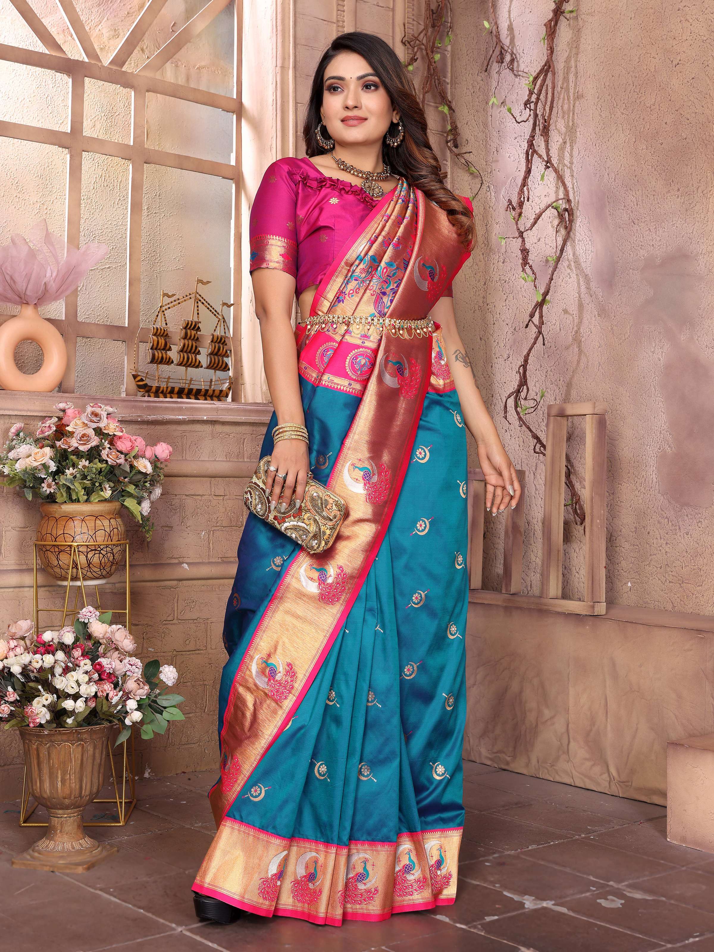 Sonakshi Women's Feroji Paithani Silk Zari Woven Traditional Saree with Blouse - Distacart