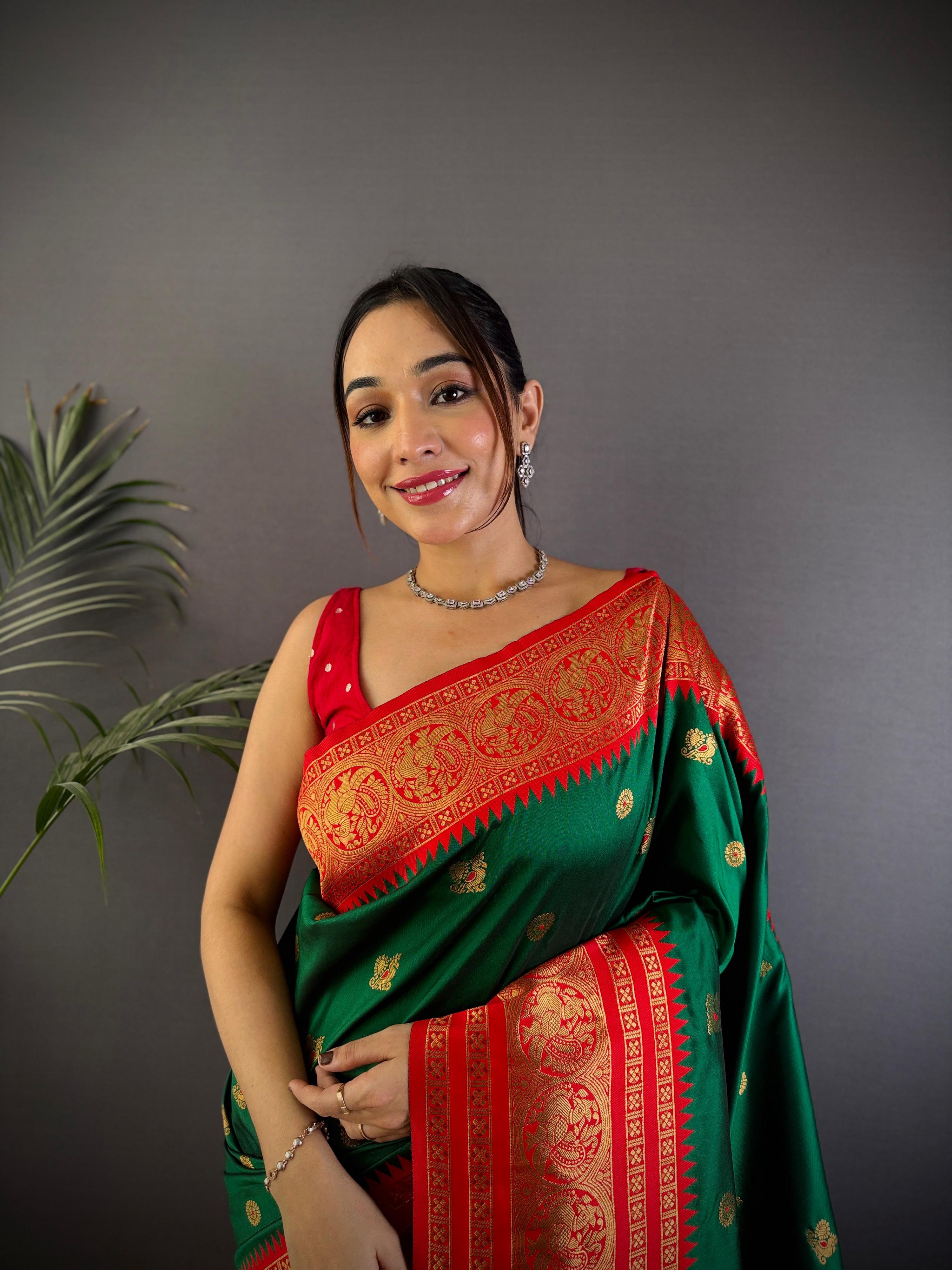 Sonakshi Women's Green Soft Silk Zari Woven Traditional Saree with Blouse - Distacart