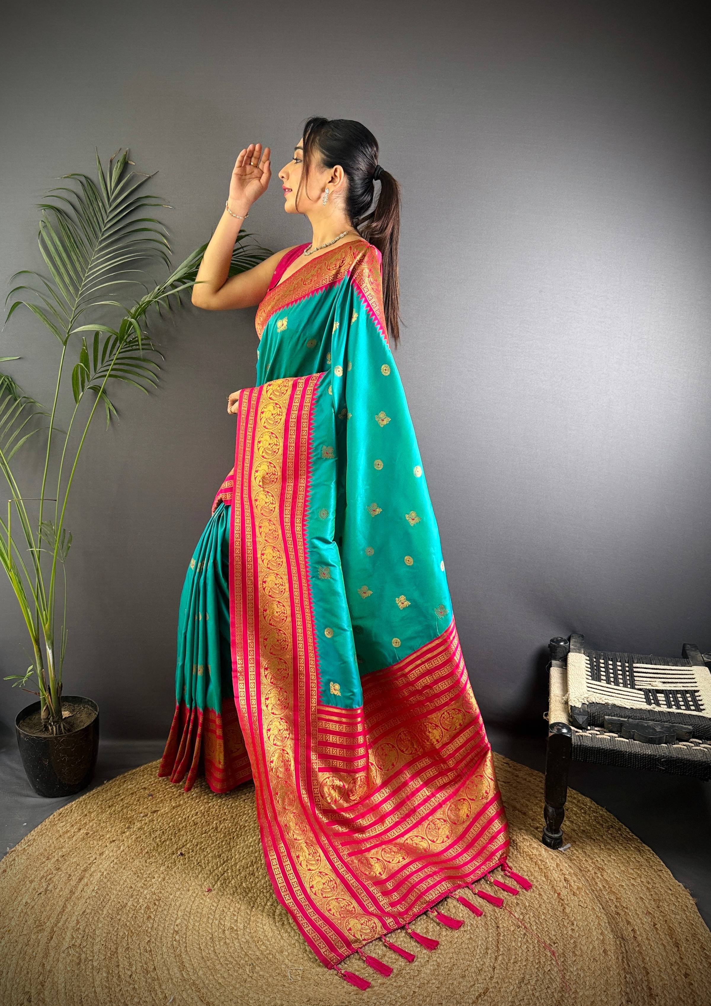 Sonakshi Women's Teal Soft Silk Zari Woven Traditional Saree with Blouse - Distacart
