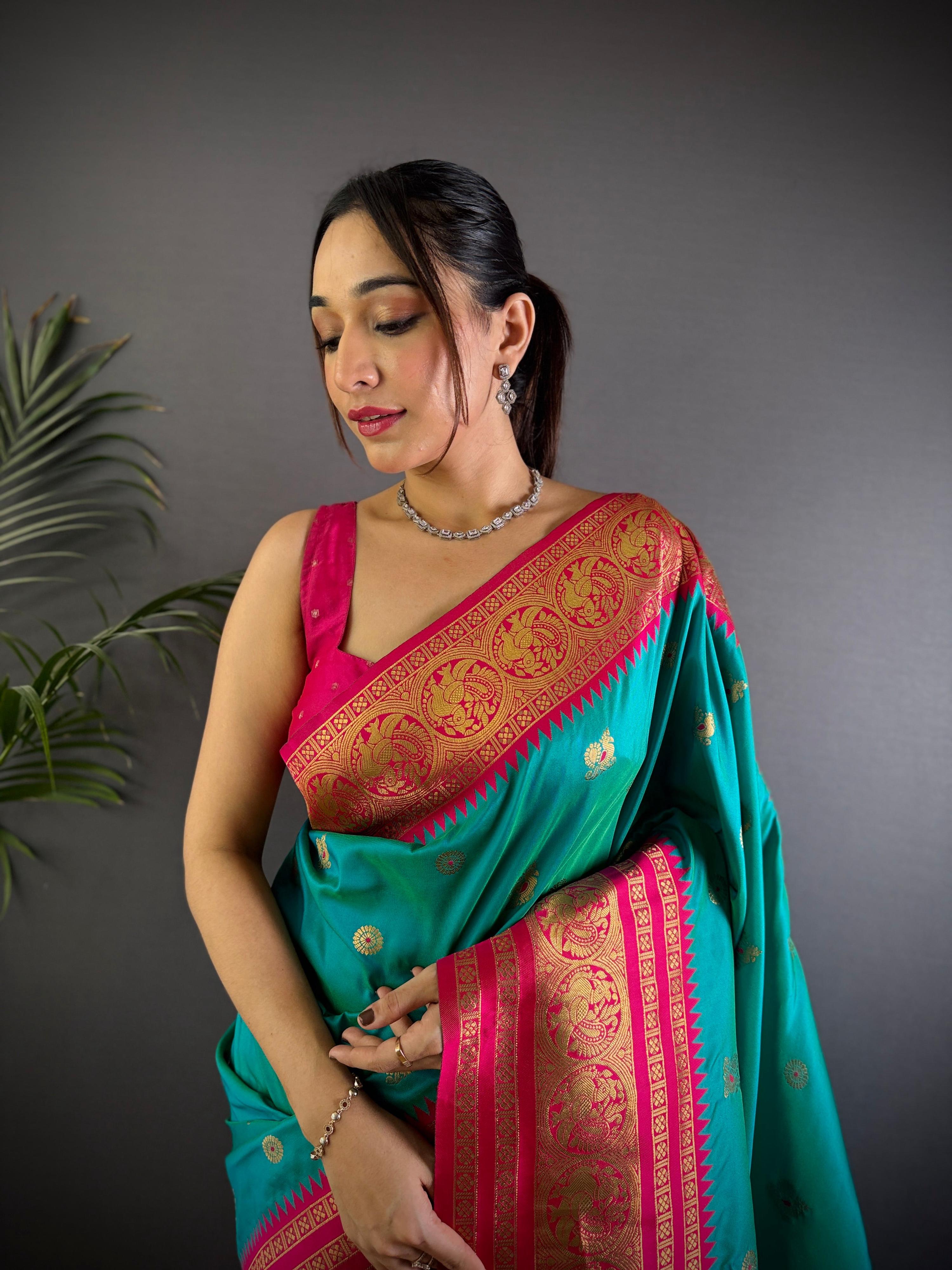 Sonakshi Women's Teal Soft Silk Zari Woven Traditional Saree with Blouse - Distacart