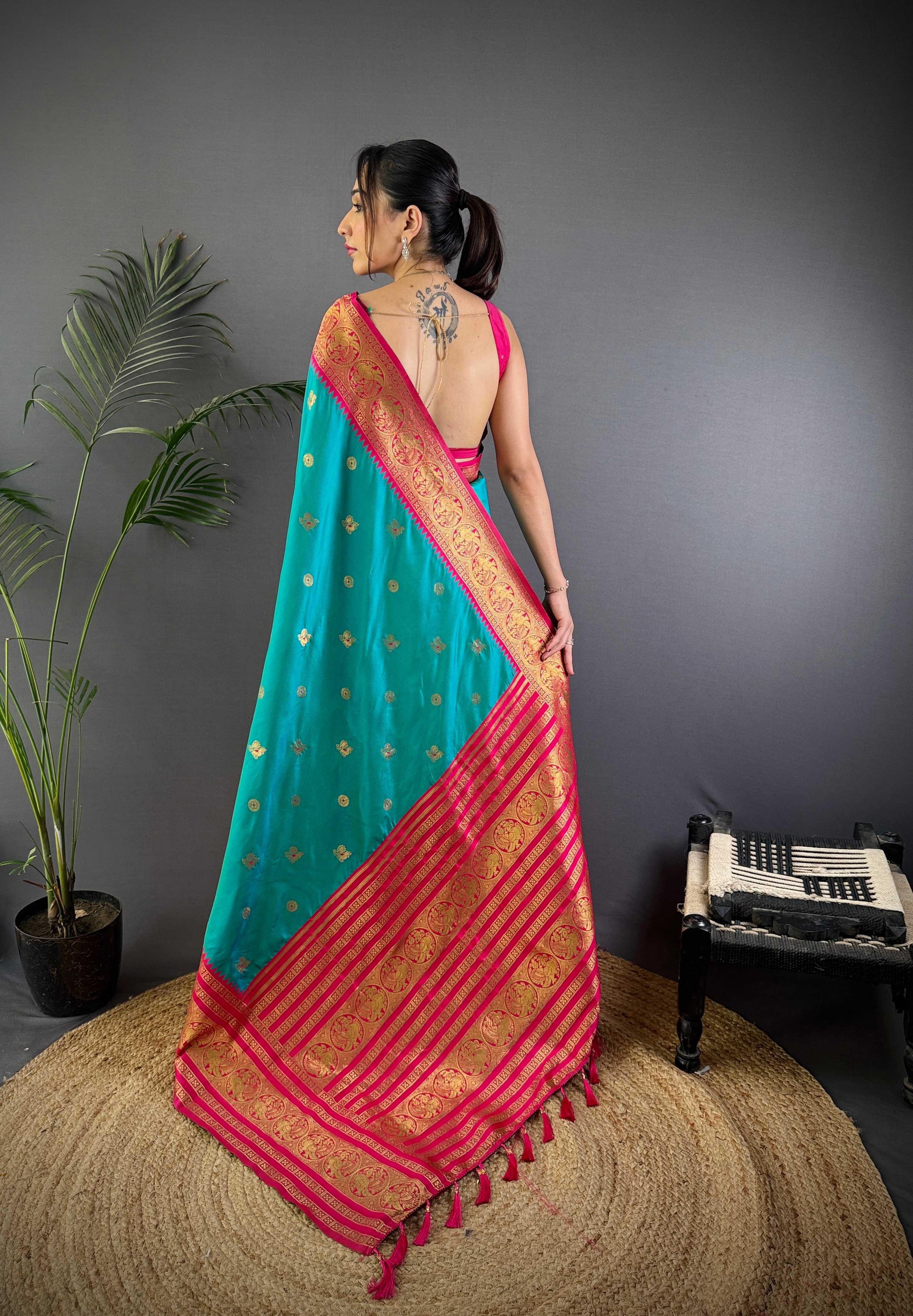 Sonakshi Women's Teal Soft Silk Zari Woven Traditional Saree with Blouse - Distacart