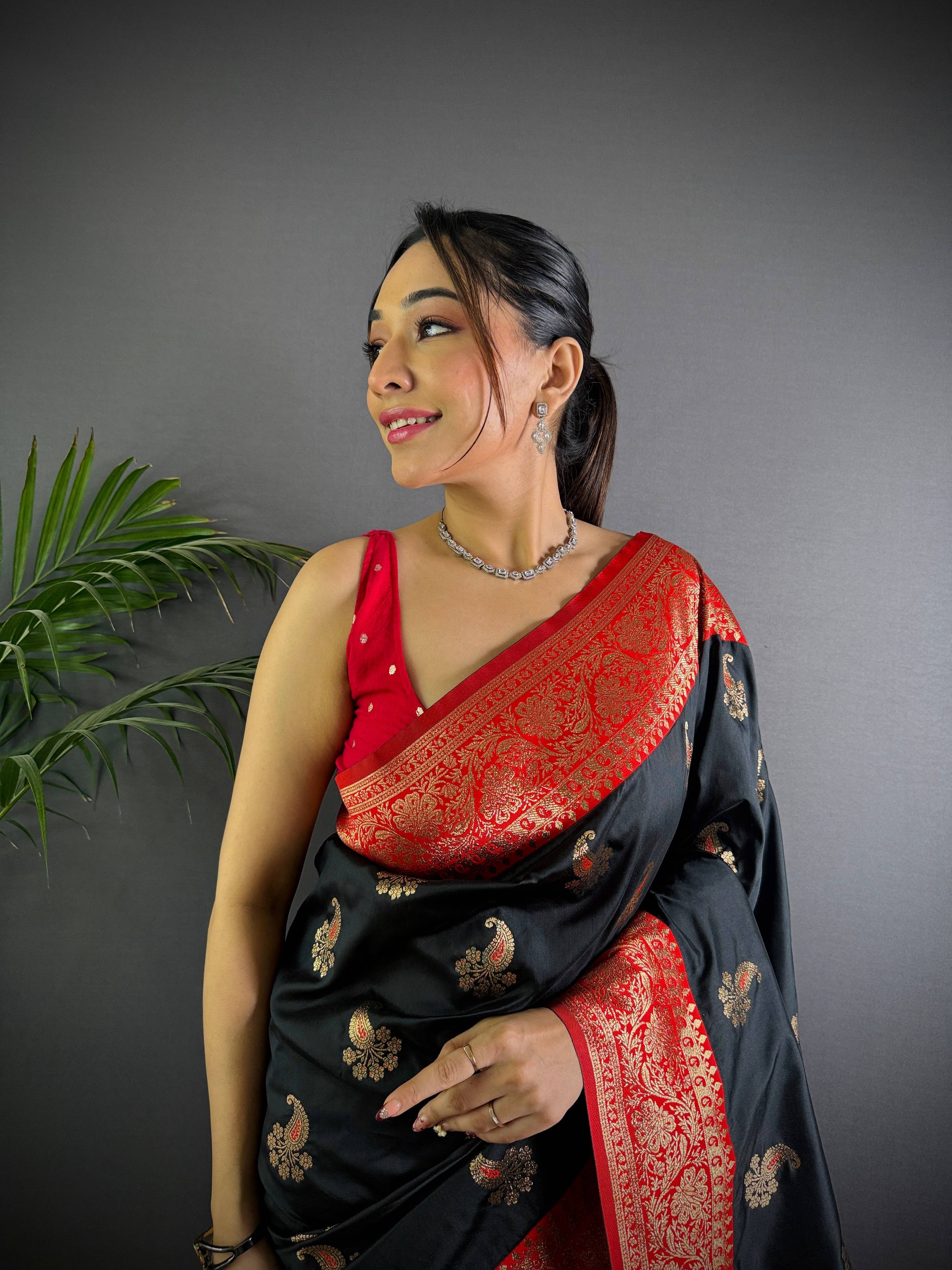 Sonakshi Women's Black Banarasi Silk Zari Woven Traditional Saree with Blouse - Distacart
