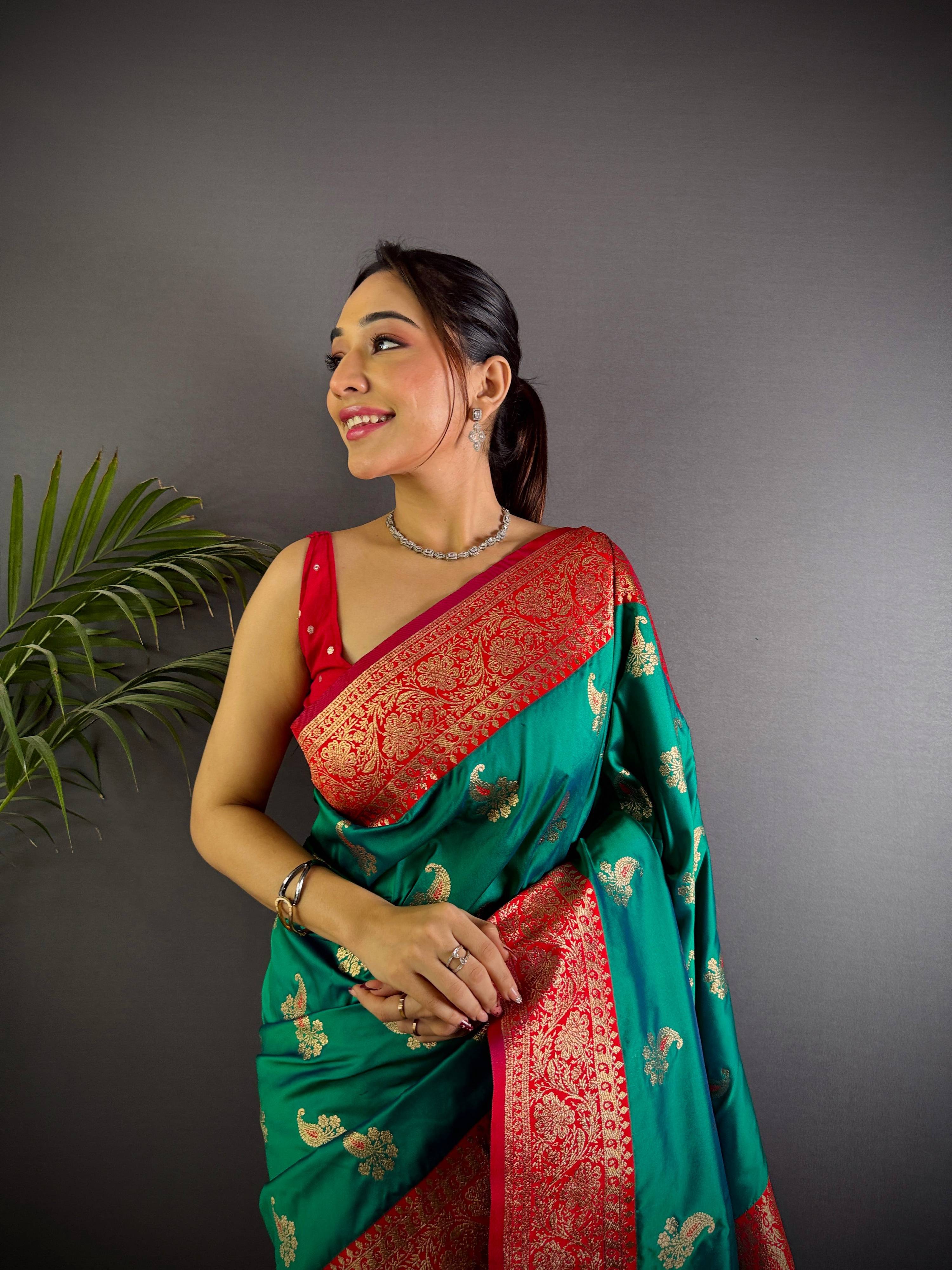 Sonakshi Women's Teal Banarasi Silk Zari Woven Traditional Saree with Blouse - Distacart