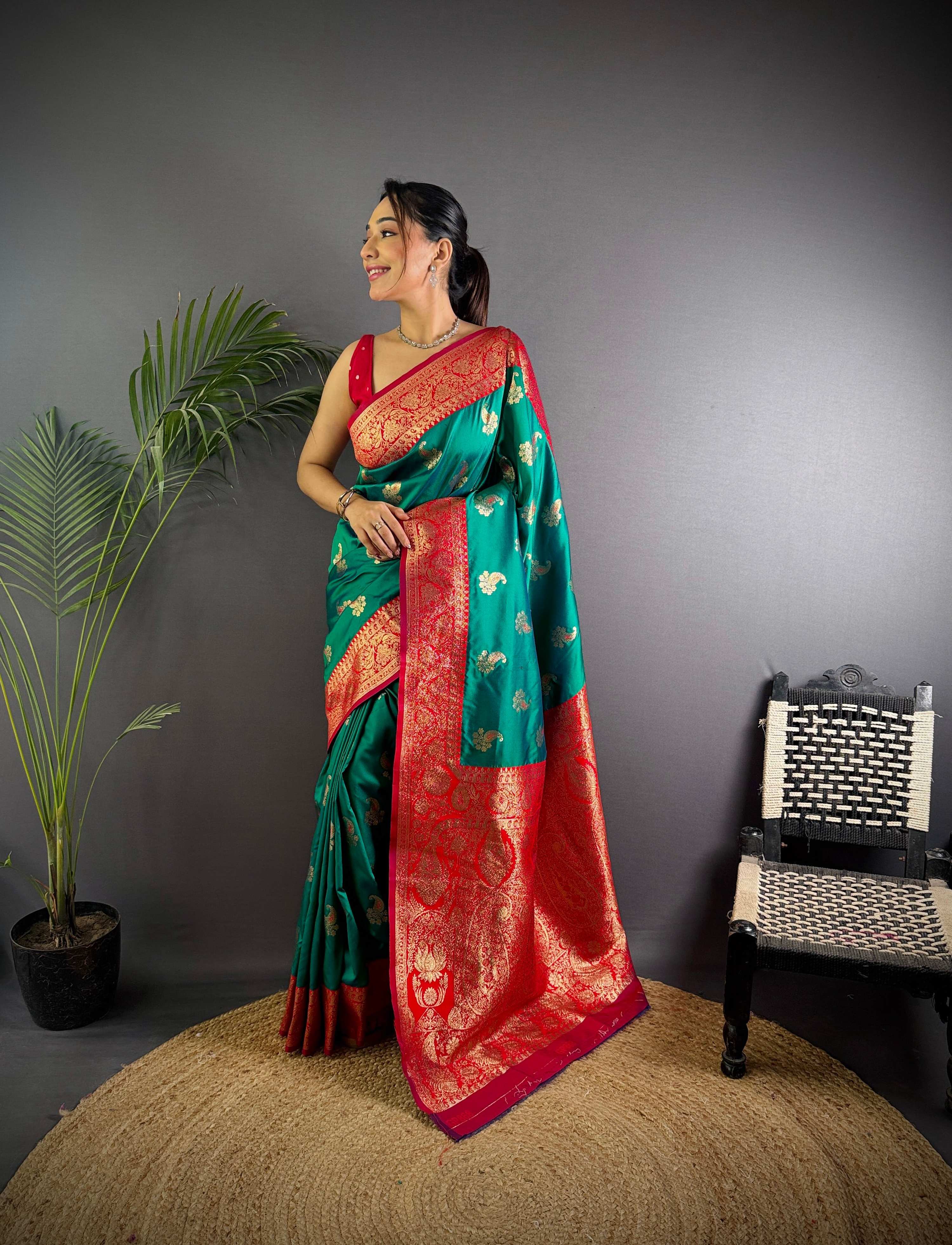 Sonakshi Women's Teal Banarasi Silk Zari Woven Traditional Saree with Blouse - Distacart