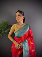 Sonakshi Women's Red Banarasi Silk Zari Woven Traditional Saree with Blouse - Distacart