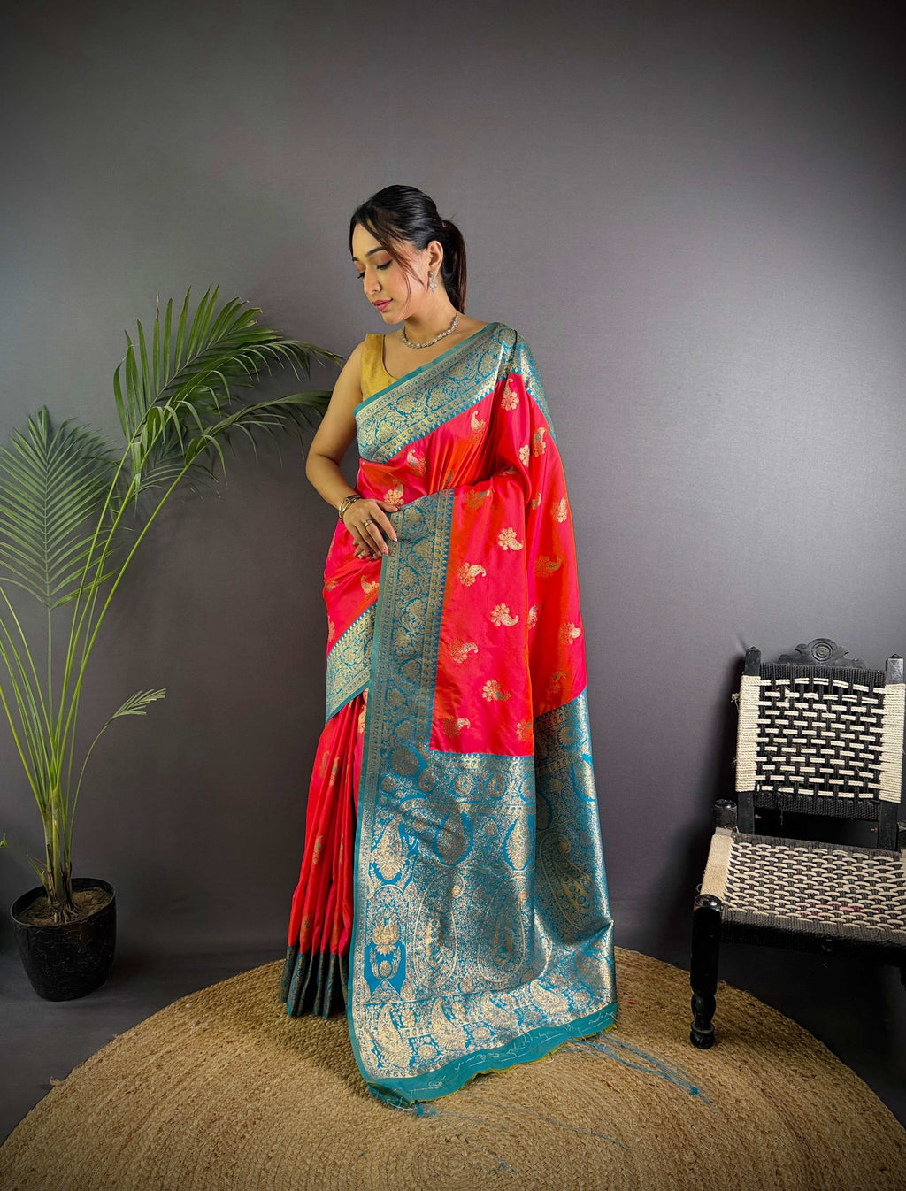 Sonakshi Women's Red Banarasi Silk Zari Woven Traditional Saree with Blouse - Distacart