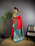 Sonakshi Women's Red Banarasi Silk Zari Woven Traditional Saree with Blouse - Distacart