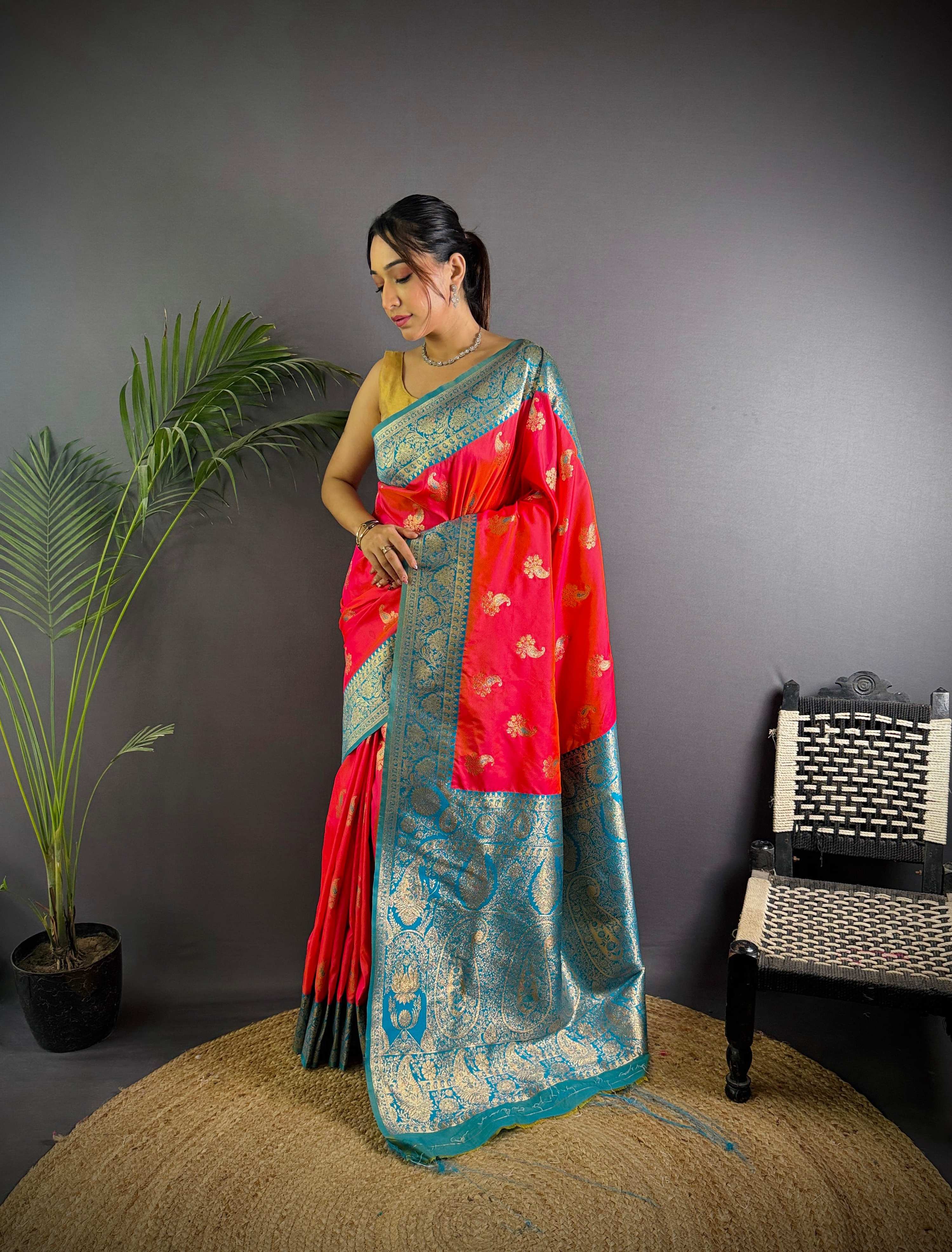 Sonakshi Women's Red Banarasi Silk Zari Woven Traditional Saree with Blouse - Distacart