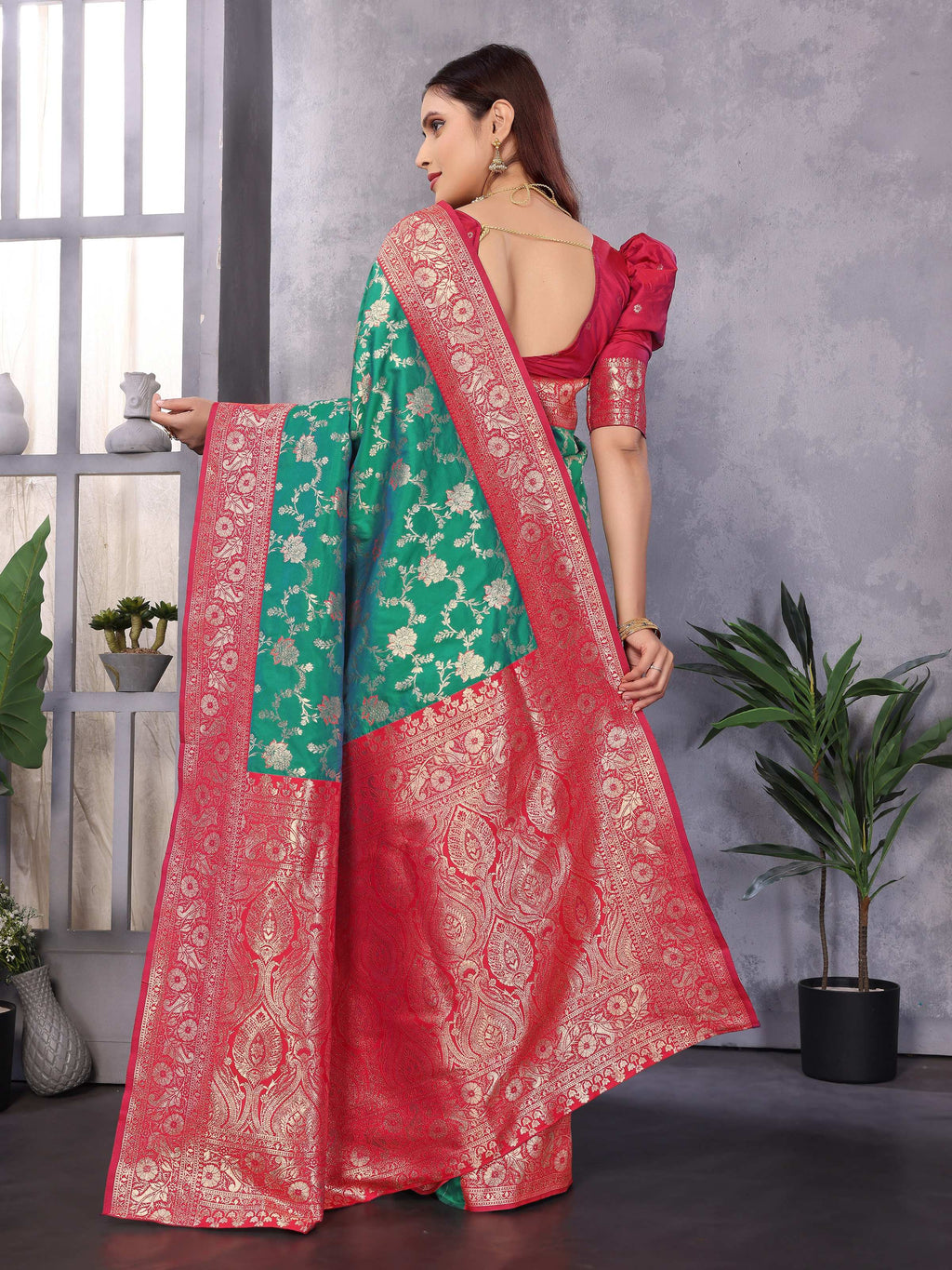 Sonakshi Women's Teal Banarasi Silk Zari Woven Traditional Saree with Blouse - Distacart