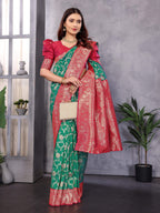 Sonakshi Women's Teal Banarasi Silk Zari Woven Traditional Saree with Blouse - Distacart