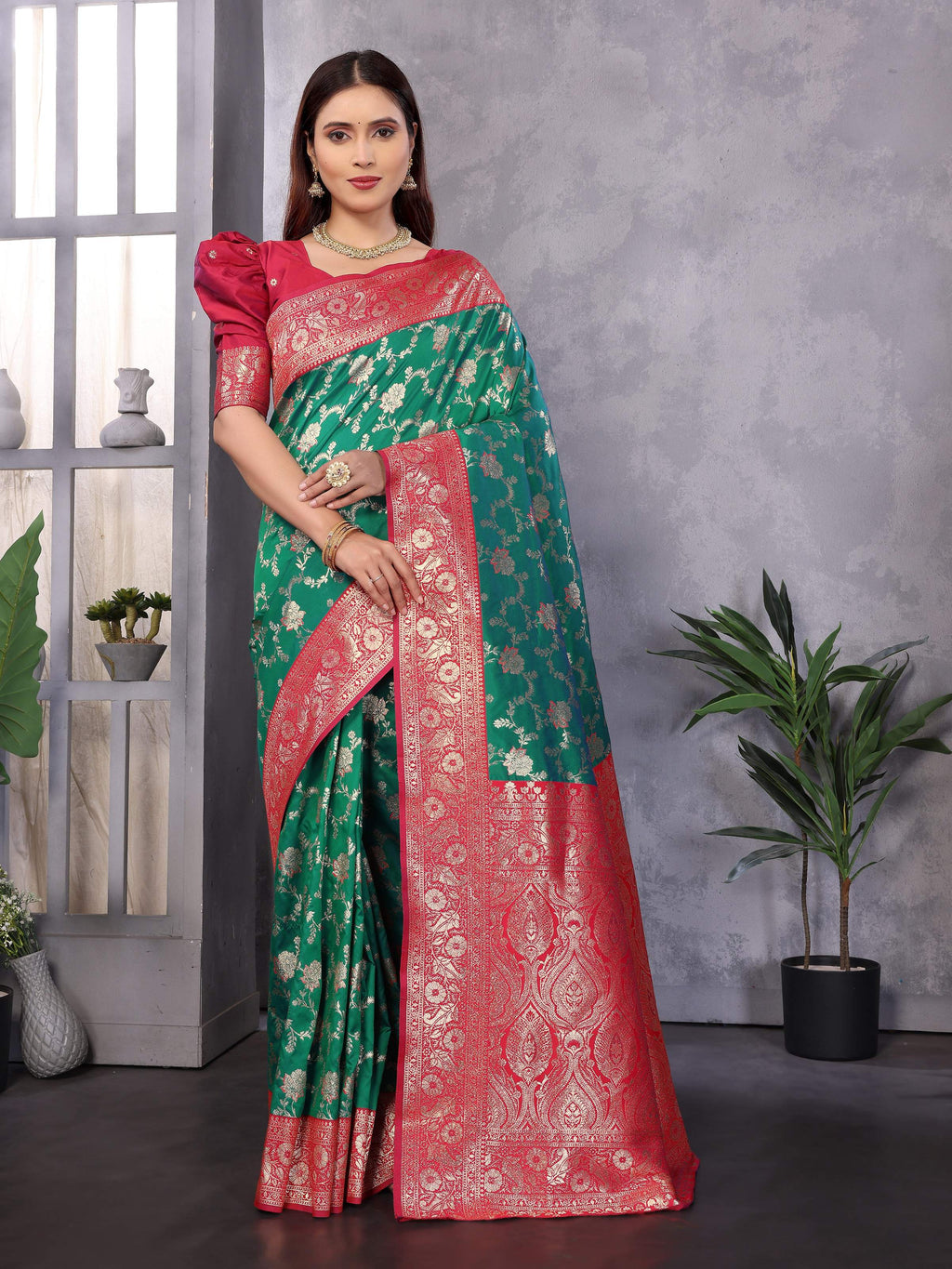 Sonakshi Women's Teal Banarasi Silk Zari Woven Traditional Saree with Blouse - Distacart
