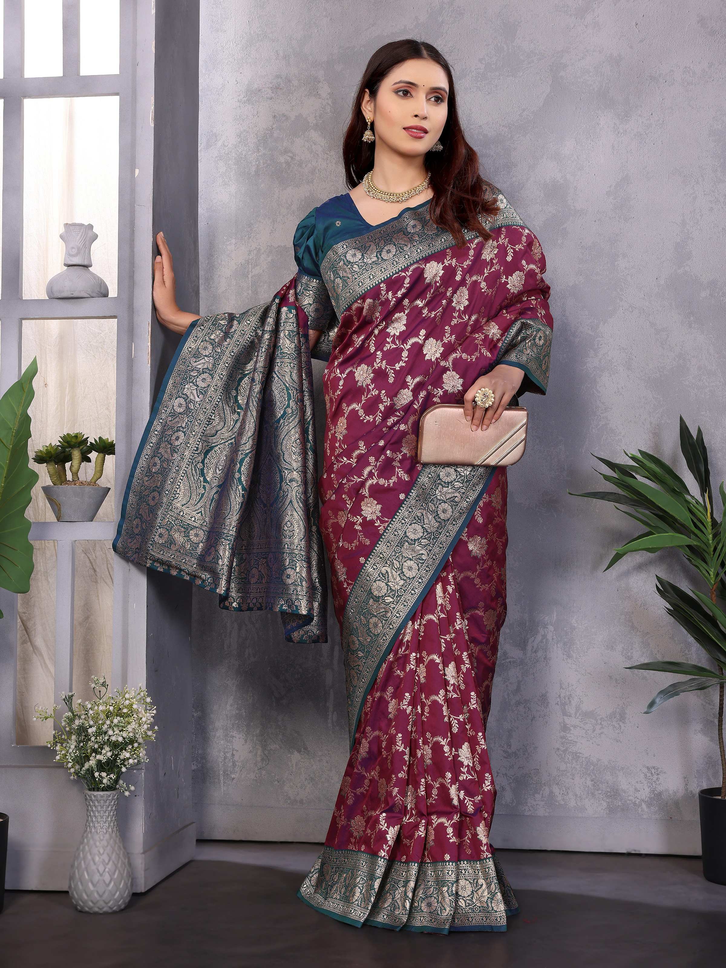Sonakshi Women's Wine Banarasi Silk Zari Woven Traditional Saree with Blouse - Distacart