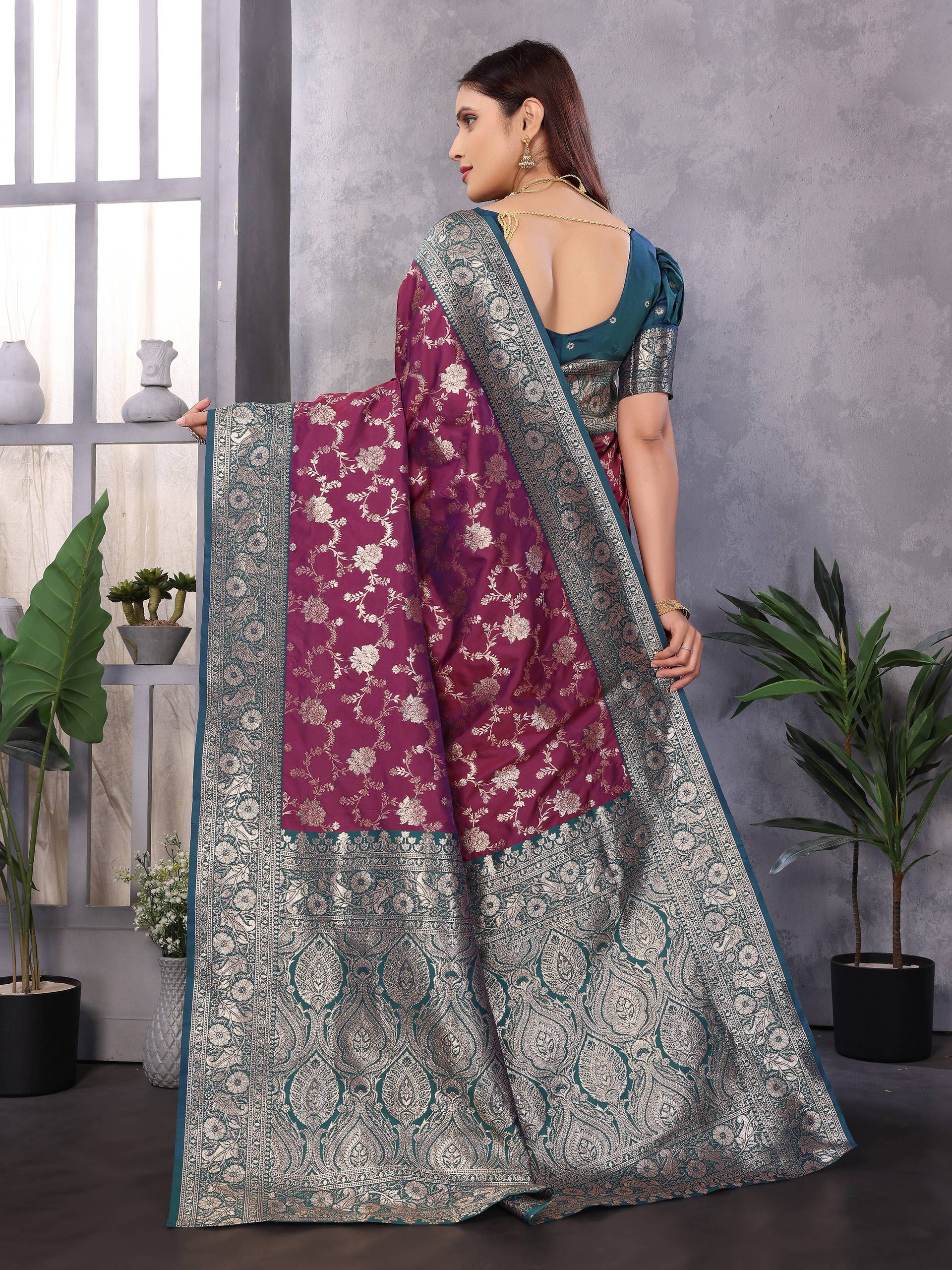 Sonakshi Women's Wine Banarasi Silk Zari Woven Traditional Saree with Blouse - Distacart